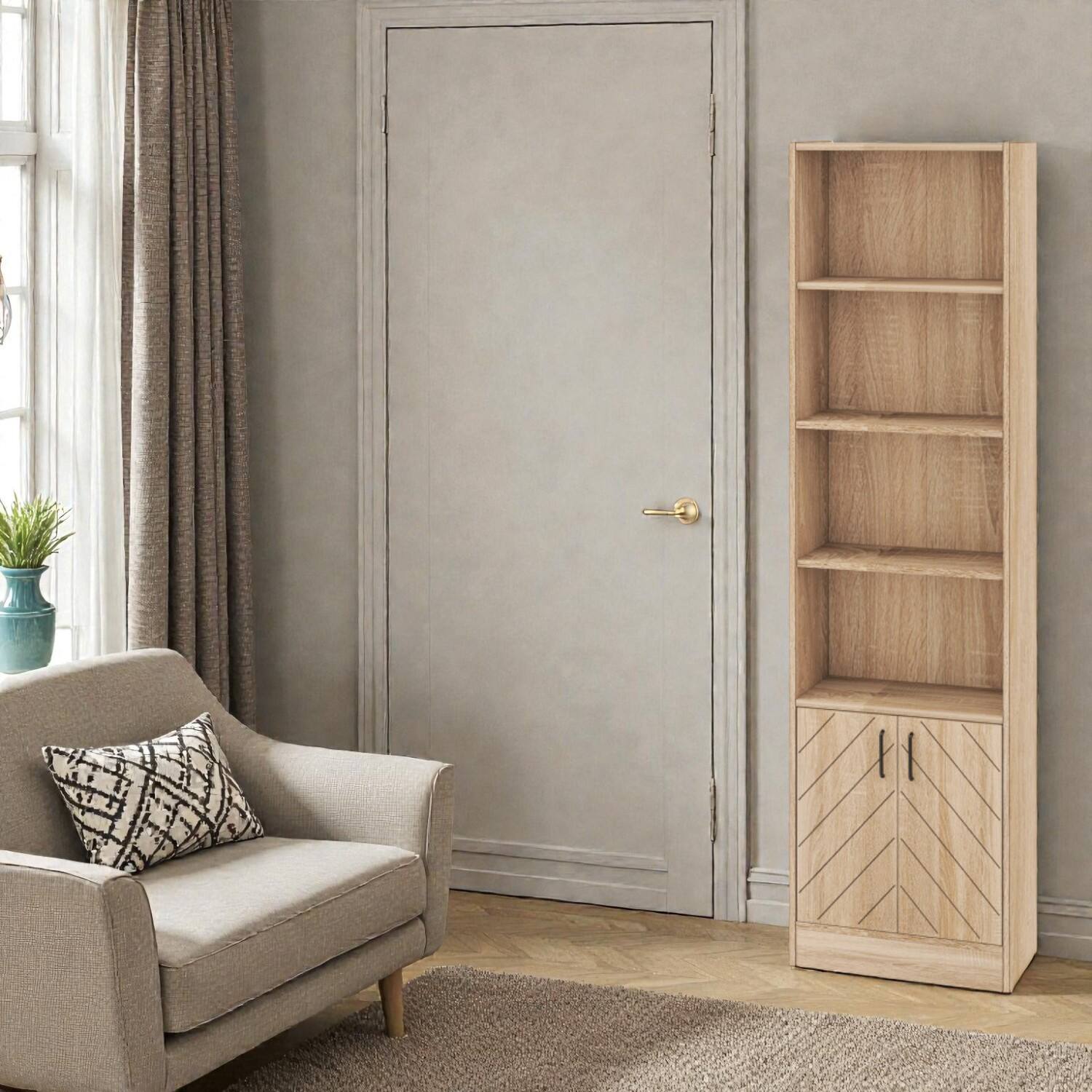 Front. Hivvago - Modern 71 Inch Tall Bookshelf with Closed Cabinet and Open Storage Compartments - Oak.