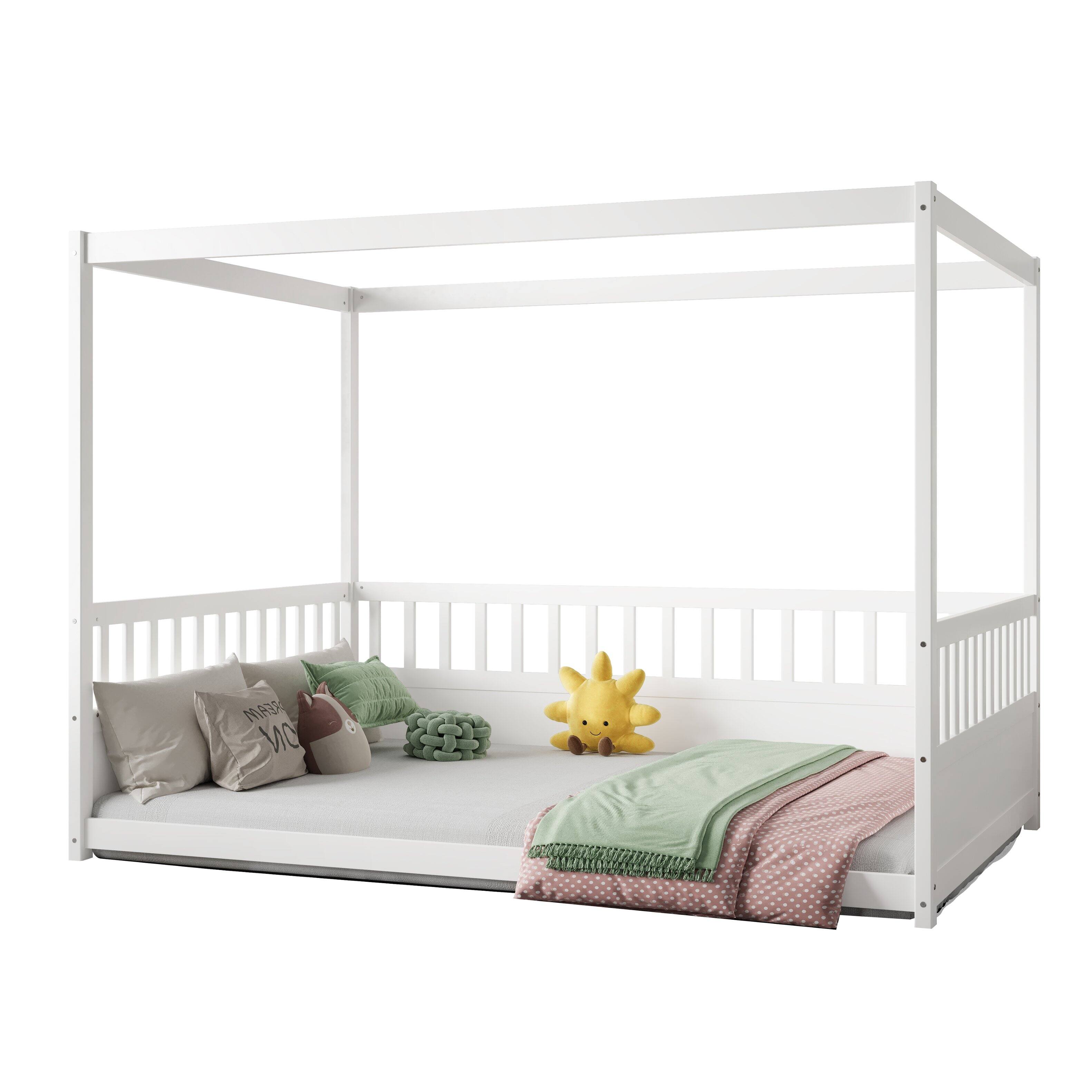 Back. GOODSILO - Full Size Canopy Bed Frame with Guardrails, Kids Montessori Floor Bed, Wood Four Poster Bed for Girls Boys - White.