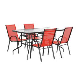 Emma + Oliver - Five Piece Patio Table Set with Metal Table with Tempered Glass Top and 4 Flex Comfort Stacking Chairs - Red