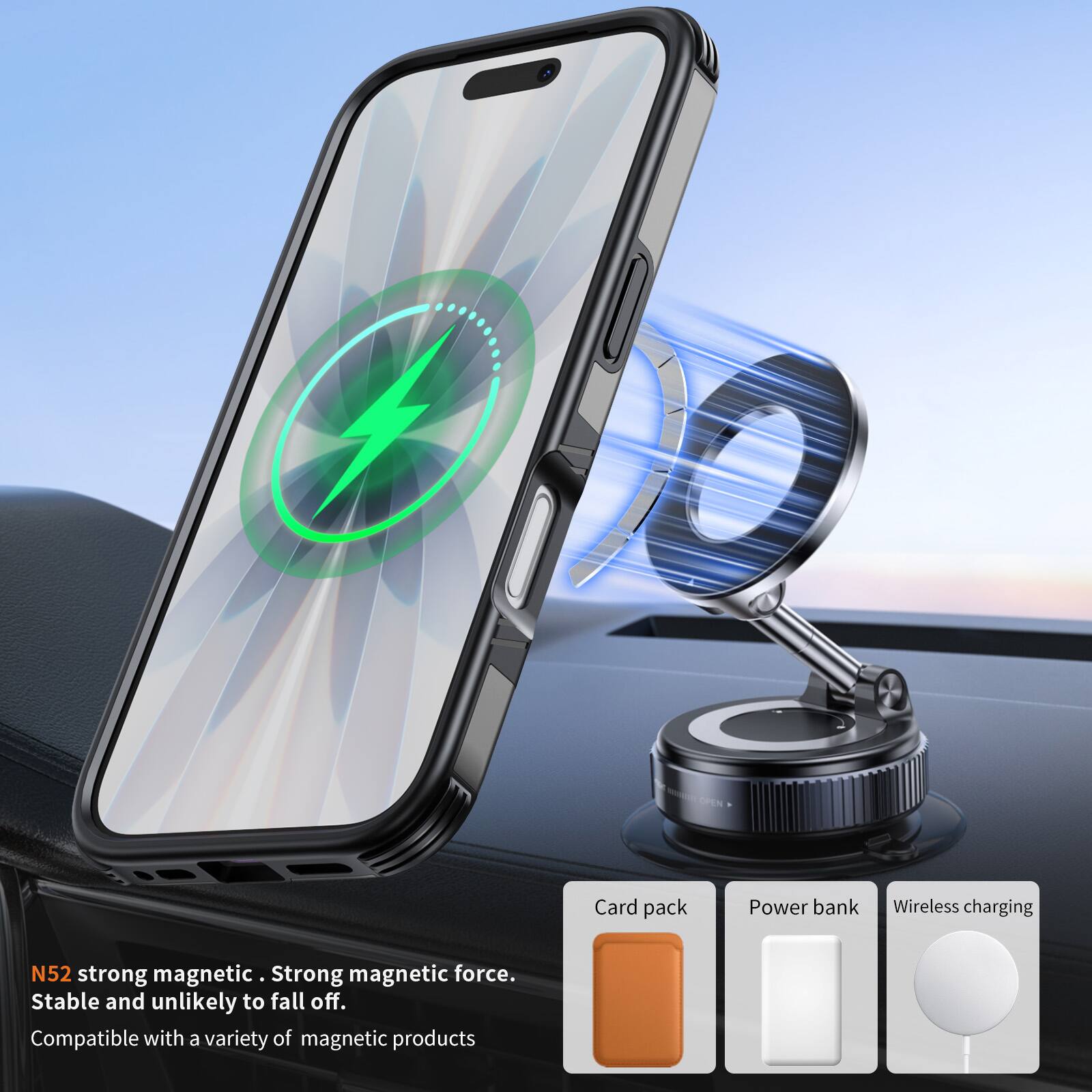 OPEN

Card pack  
Power bank  
Wireless charging  

N52 strong magnetic. Strong magnetic force. Stable and unlikely to fall off. Compatible with a variety of magnetic products