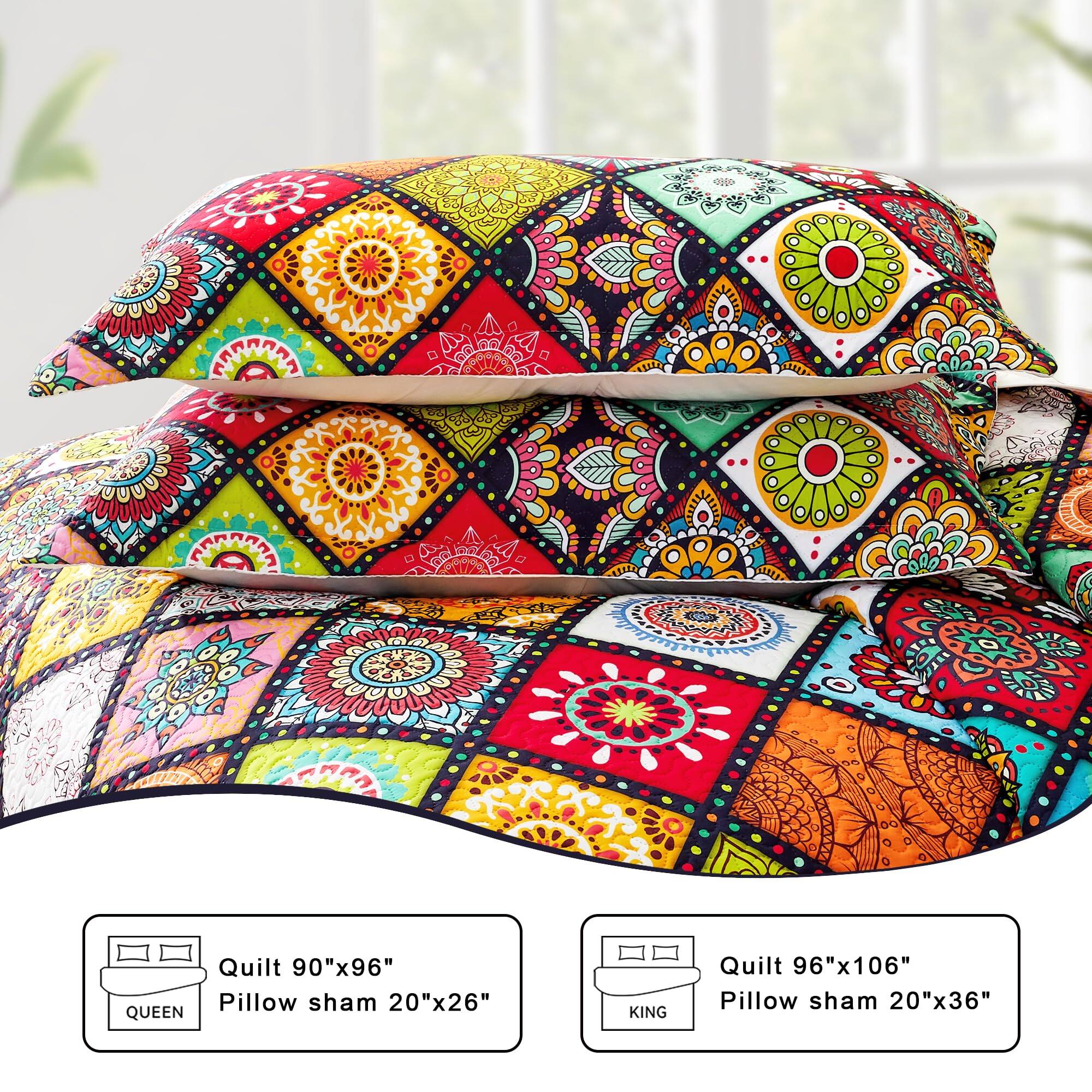 Quilt 90"x96"  
Pillow sham 20"x26"  
QUEEN  

Quilt 96"x106"  
Pillow sham 20"x36"  
KING