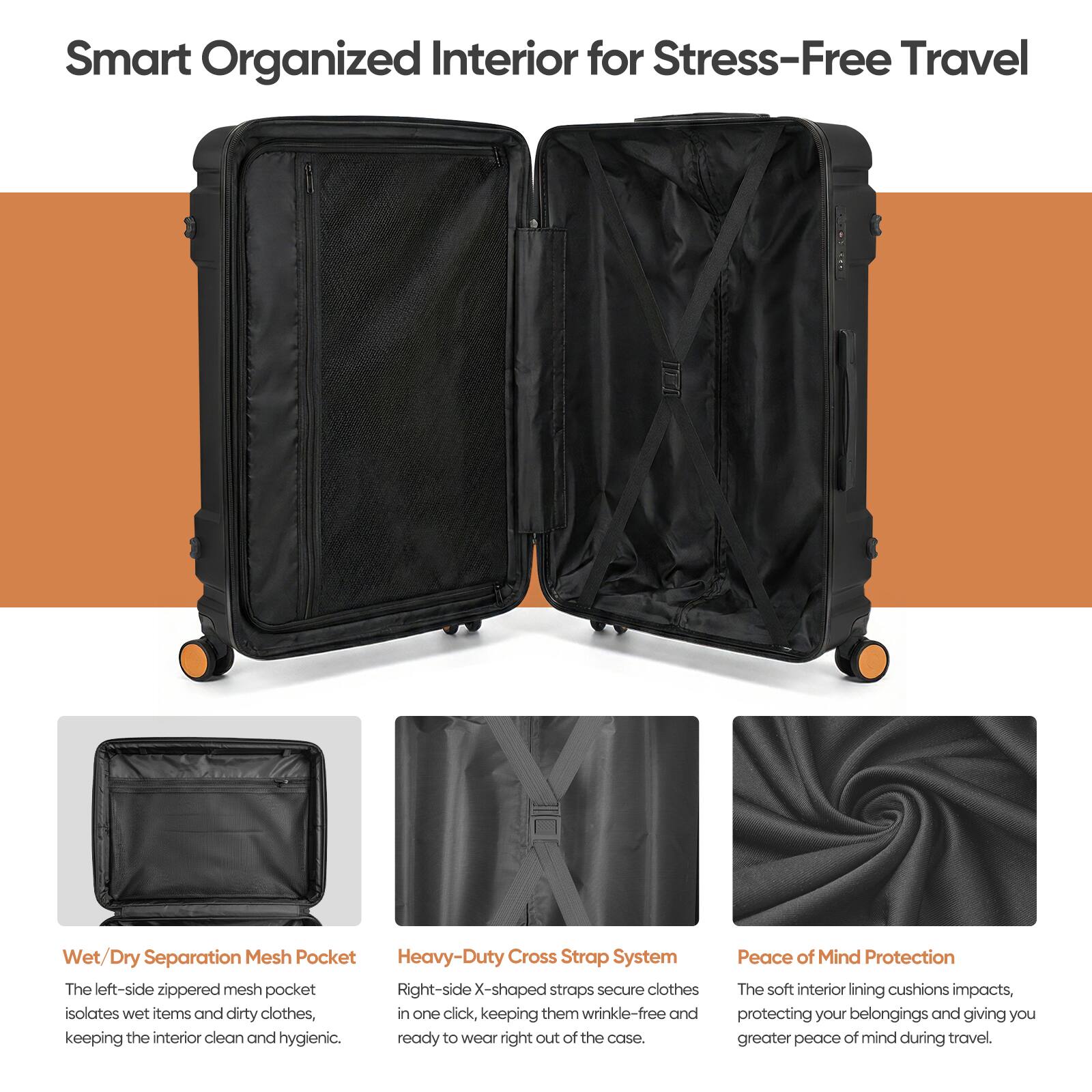 Smart Organized Interior for Stress-Free Travel

Wet/Dry Separation Mesh Pocket
The left-side zippered mesh pocket isolates wet items and dirty clothes, keeping the interior clean and hygienic.

Heavy-Duty Cross Strap System
Right-side X-shaped straps secure clothes in one click, keeping them wrinkle-free and ready to wear right out of the case.

Peace of Mind Protection
The soft interior lining cushions impacts, protecting your belongings and giving you greater peace of mind during travel.