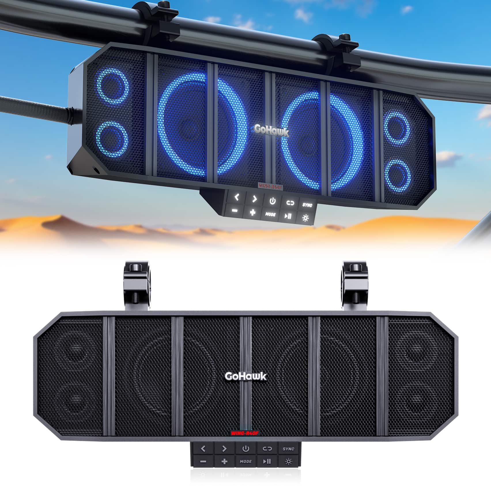 GoHawk - UTV Sound Bar: Waterproof 6-Speaker Bluetooth Speakers System w/ Multicolor LED, 17-Inch for Polaris RZR, Can-Am, Marine - Black