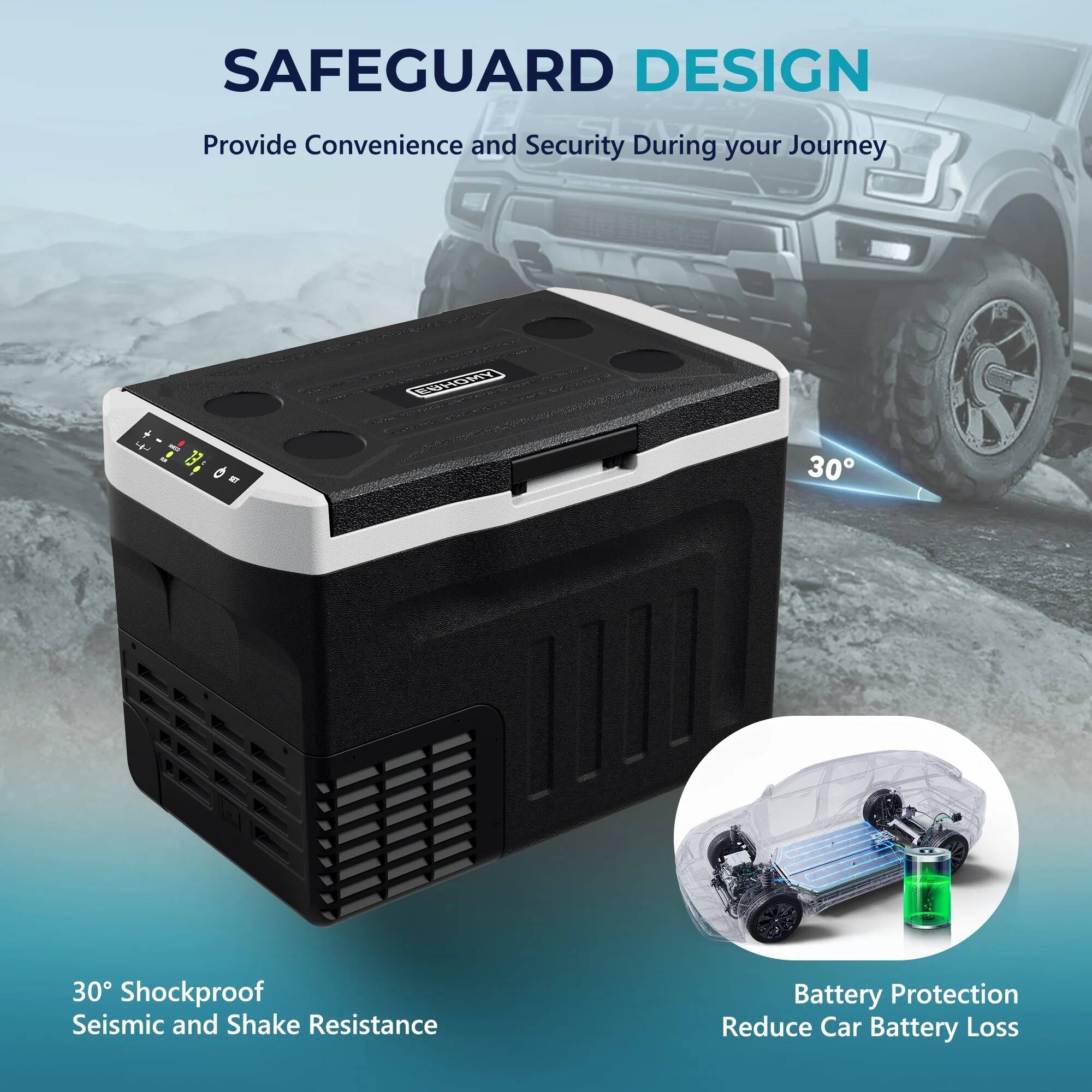 SAFEGUARD DESIGN  
Provide Convenience and Security During your Journey  

30° Shockproof  
Seismic and Shake Resistance  

Battery Protection  
Reduce Car Battery Loss