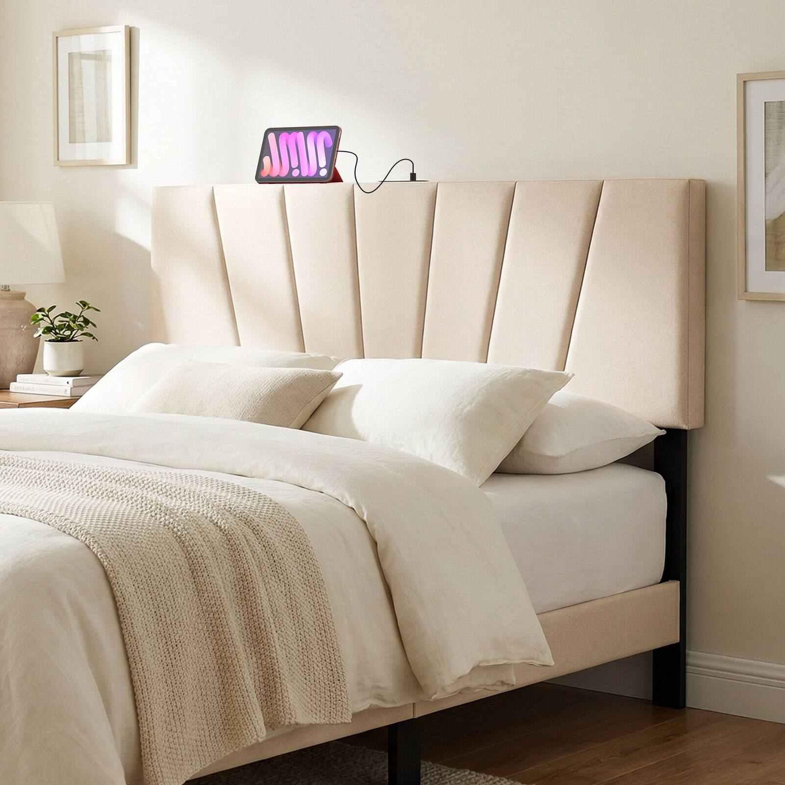 Alt View 1. Gymax - Gymax Headboard for Queen&Full Size BedGeometric Upholstered Head Board w/2AC Outlets Beige - Beige.