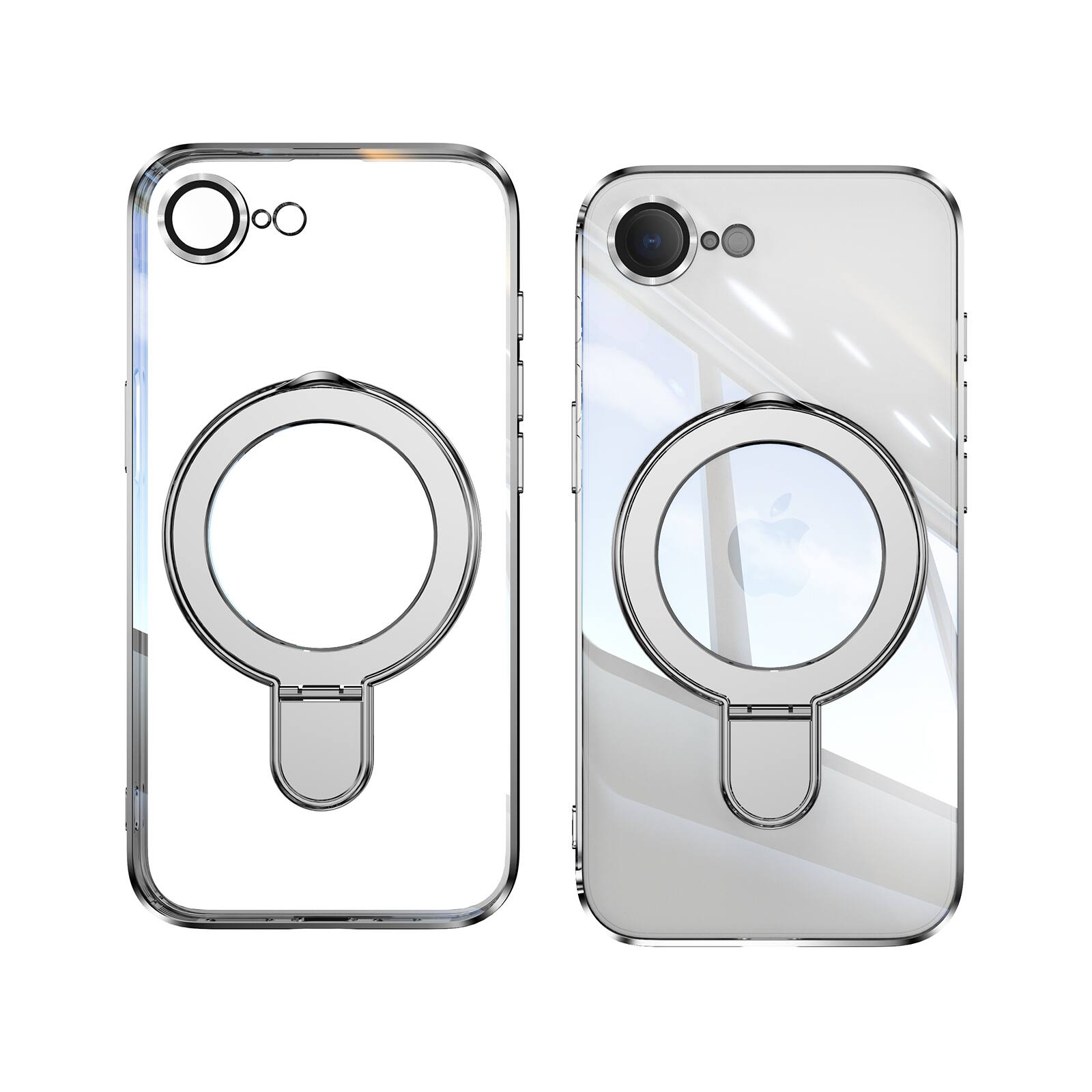 Angle. Dteck - Clear Mag Safe Case for Apple iPhone 17e / 16e,Transparent Back Plated Bumper Shockproof Metal Stand Cover + Lens Film - Silver.