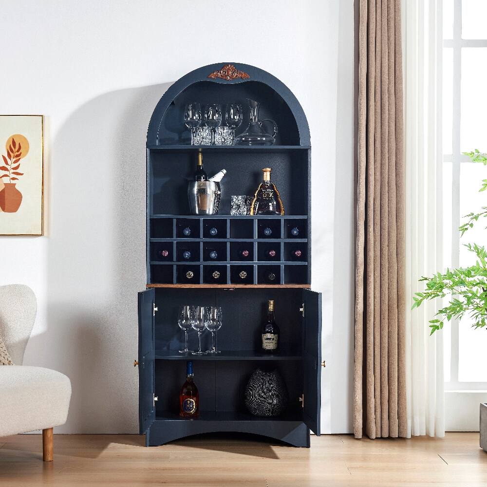 Left. Loheer - Loheer Arched Wood Wine Cabinet Freestanding Blue Liquor Bar Cabinet with Removable Rack - Blue.