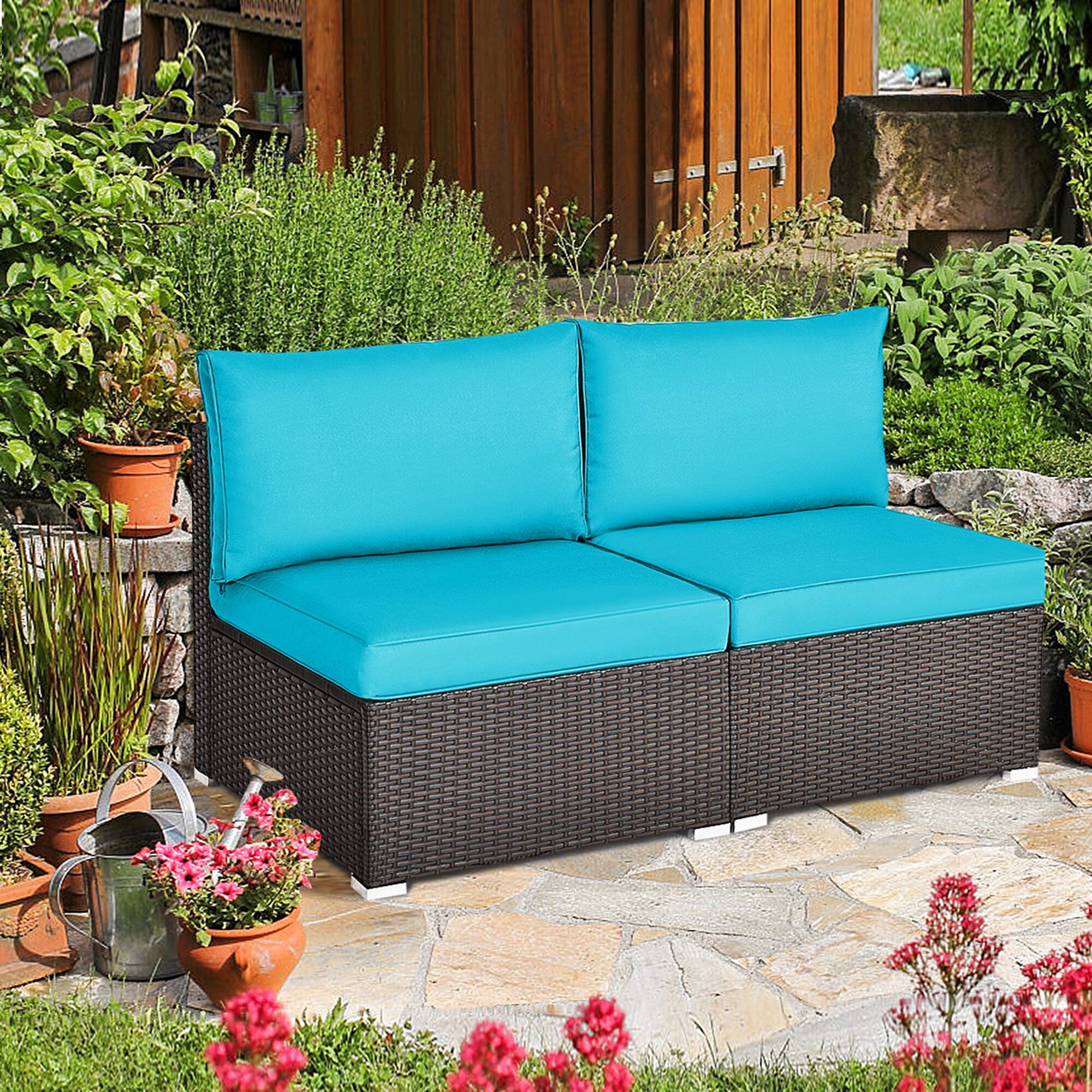 Gymax - 2PCS Patio Wicker Rattan Sectional Armless Chair Sofa w/ Turquoise Cushion - Brown