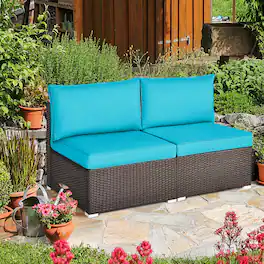 Gymax - 2PCS Patio Wicker Rattan Sectional Armless Chair Sofa w/ Turquoise Cushion - Brown
