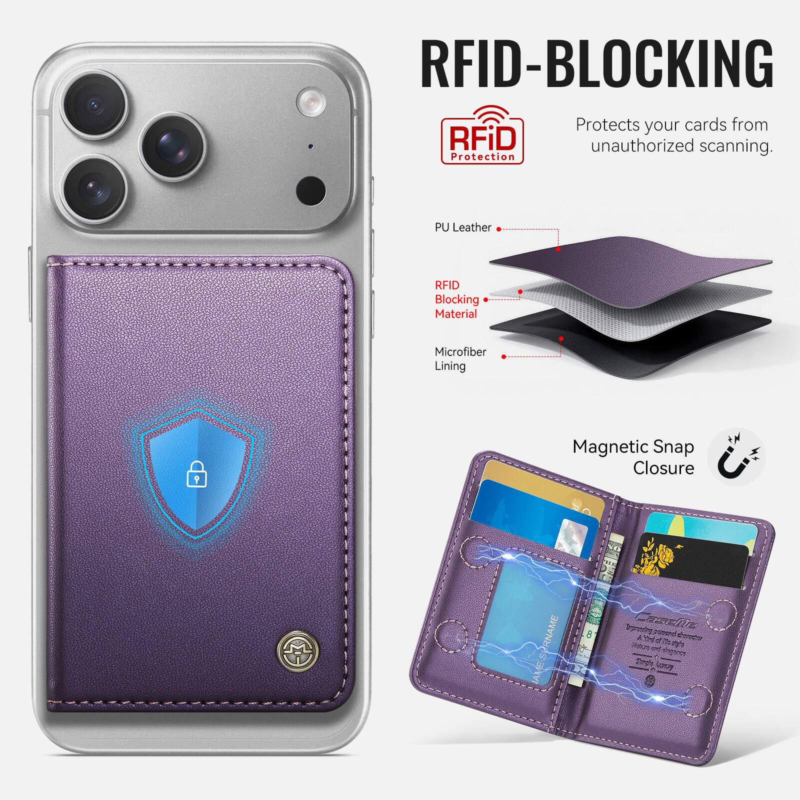RFID-BLOCKING  
Protects your cards from unauthorized scanning.  

Protection  
PU Leather  
RFID Blocking Material  
Microfiber Lining  
Magnetic Snap Closure