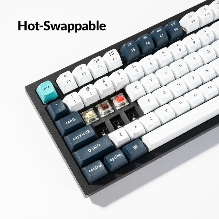 The text on the image is a keyboard layout, which includes the following keys:

1. F1 - F12
2. Esc
3. Tab
4. Lock
5. Caps Lock
6. Shift
7. Control
8. Option
9. Command
10. Function keys (F1 - F12)
11. Numeric keys (0 - 9)
12. Punctuation keys (including @, &, *, +, -, =, [, ], /, \, |, \_, and more)
13. Navigation keys (including arrow keys and Home/End keys)
14. Function keys with their corresponding symbols (F1 - F12)
15. Numeric keypad (including numbers, plus, minus, equal, and division)

This keyboard layout is designed to be hot-swappable, which means that the keys can be easily replaced or rearranged without the need to disassemble the keyboard.