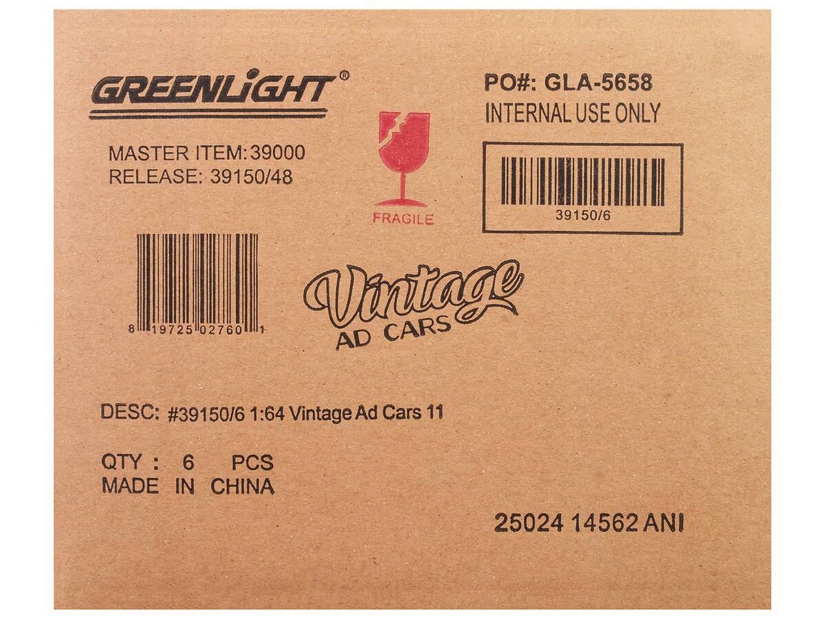 GREENLIGHT  
MASTER ITEM: 39000  
RELEASE: 39150/48  

PO#: GLA-5658  
INTERNAL USE ONLY  

FRAGILE  

Vintage Ad Cars  

DESC: #39150/6 1:64 Vintage Ad Cars 11  
QTY: 6 PCS  
MADE IN CHINA  

25024 14562 ANI