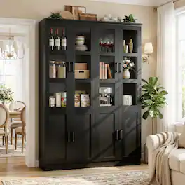 Aheaplus - 79.7'' Tall Pantry Cabinet 2-Piece Set, 47.2'' Width Storage Cabinet with Glass Doors & Adjustable Shelves - Black