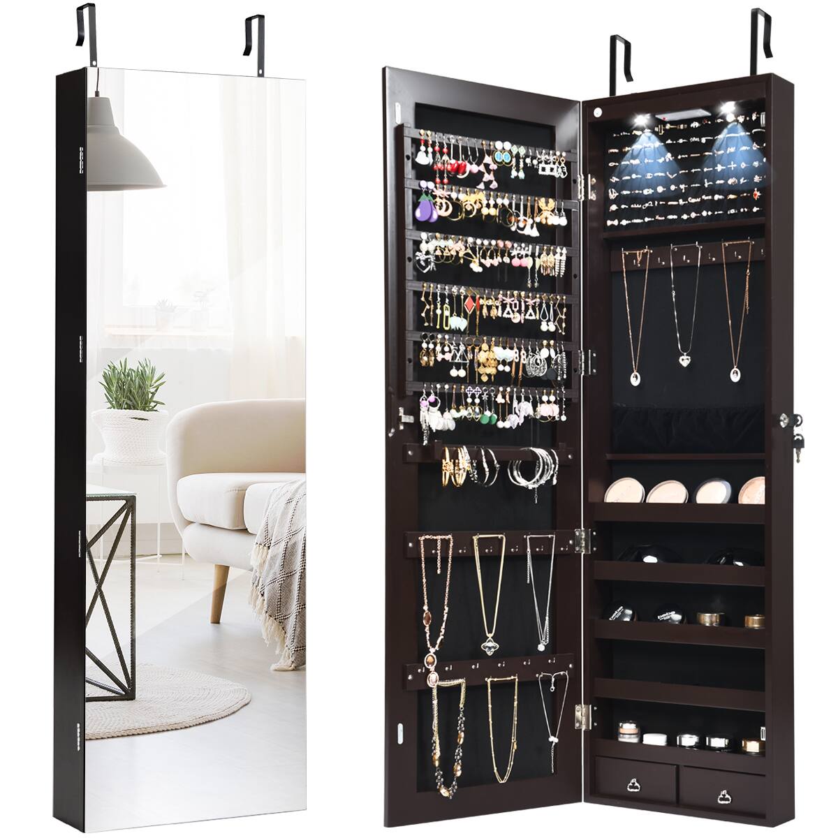 Costway - Mirrored Jewelry Cabinet Jewelry Organizer w/2 LED Lights - Brown