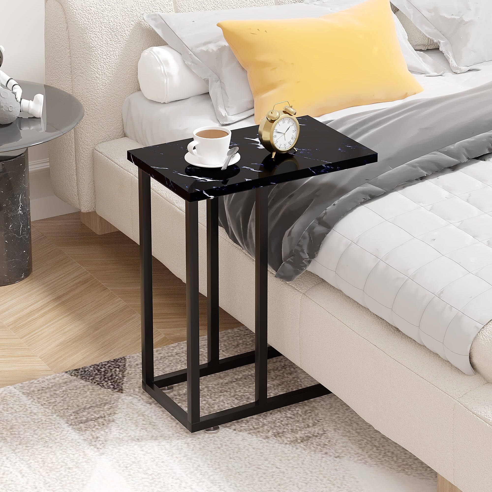 Alt View 2. Vecelo - 2Pack C Shaped End Table for Small Spaces, Sofa Side Table with Metal Frame, Easy to Assemble Snack Table - 2Pcs*Black Marble.