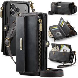 Dteck - Wallet Case for Apple iPhone 17 Pro Max, Leather Shockproof Card Slots Zipper Pocket Cover With Shoulder Strap+Lanyard - Black