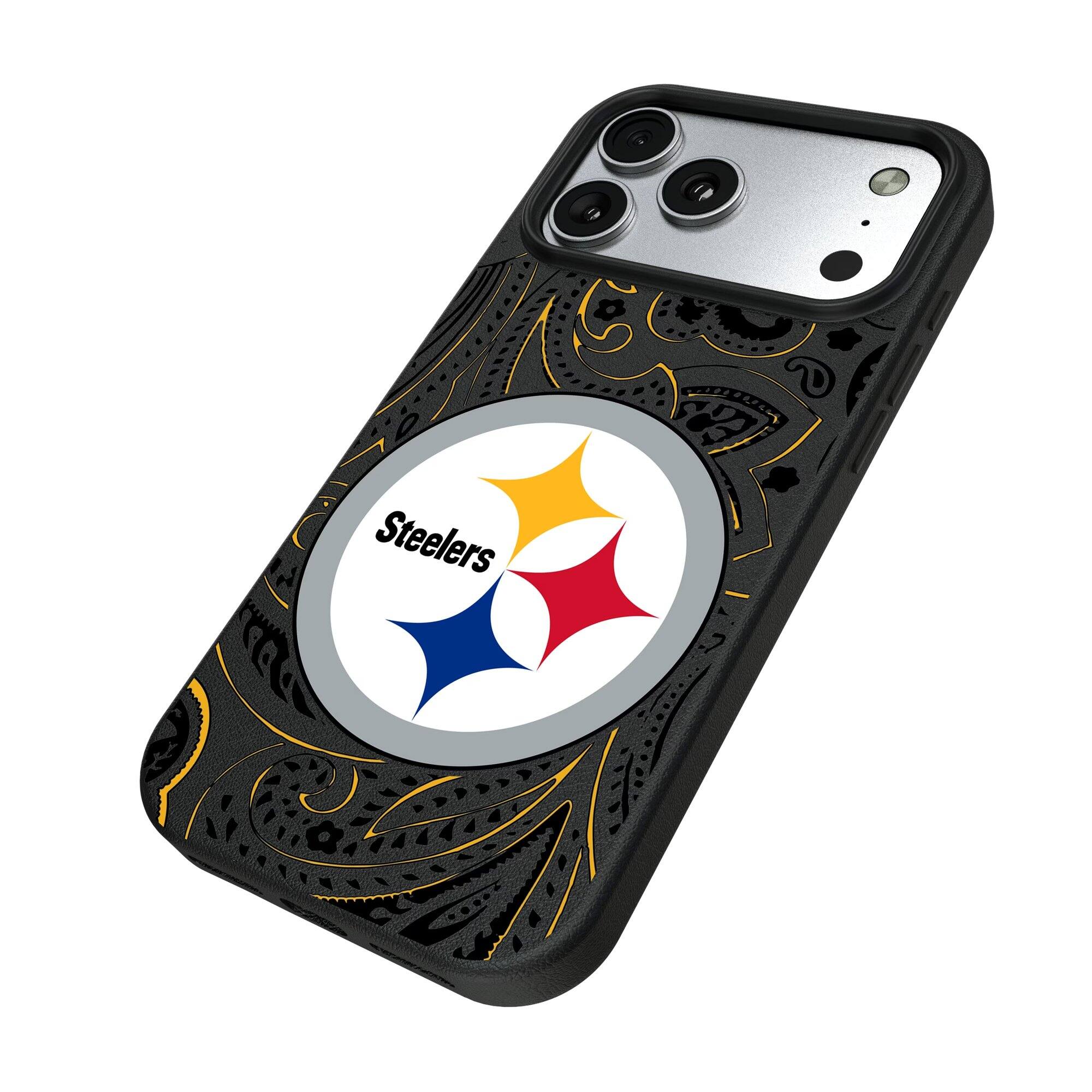 Alt View 1. Keyscaper - Pittsburgh Steelers Paisley iPhone Magnetic Bump Case - 16 Pro Max - Black.