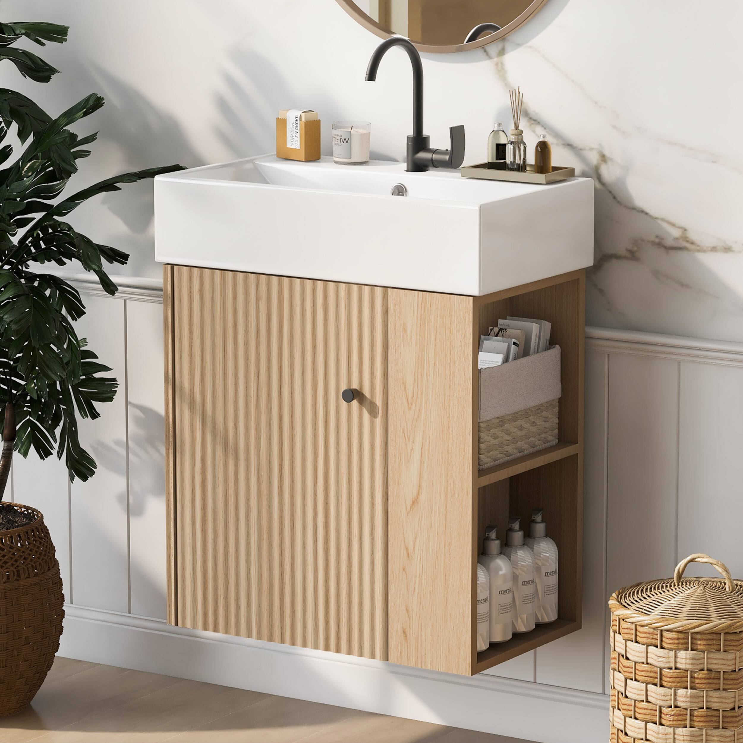Front. ELEMENT ACE - Modern Floating Bathroom Vanity with Ceramic Basin and Right Side Storage for Small Bathrooms - Wood.