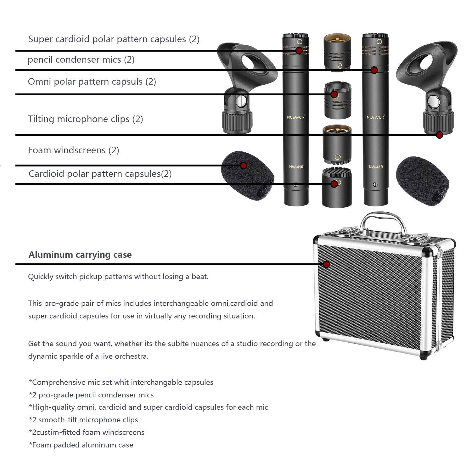 Super cardioid polar pattern capsules (2)  
pencil condenser mics (2)  
Omni polar pattern capsules (2)  
Tilting microphone clips (2)  
Foam windscreens (2)  
Cardioid polar pattern capsules (2)  

Aluminum carrying case  

Quickly switch pickup patterns without losing a beat.  

This pro-grade pair of mics includes interchangeable omni, cardioid, and super cardioid capsules for use in virtually any recording situation.  

Get the sound you want, whether it's the subtle nuances of a studio recording or the dynamic sparkle of a live orchestra.  

* Comprehensive mic set with interchangeable capsules  
* 2 pro-grade pencil condenser mics  
* High-quality omni, cardioid, and super cardioid capsules for each mic  
* 2 smooth-tilt microphone clips  
* 2 custom-fitted foam windscreens  
* Foam padded aluminum case