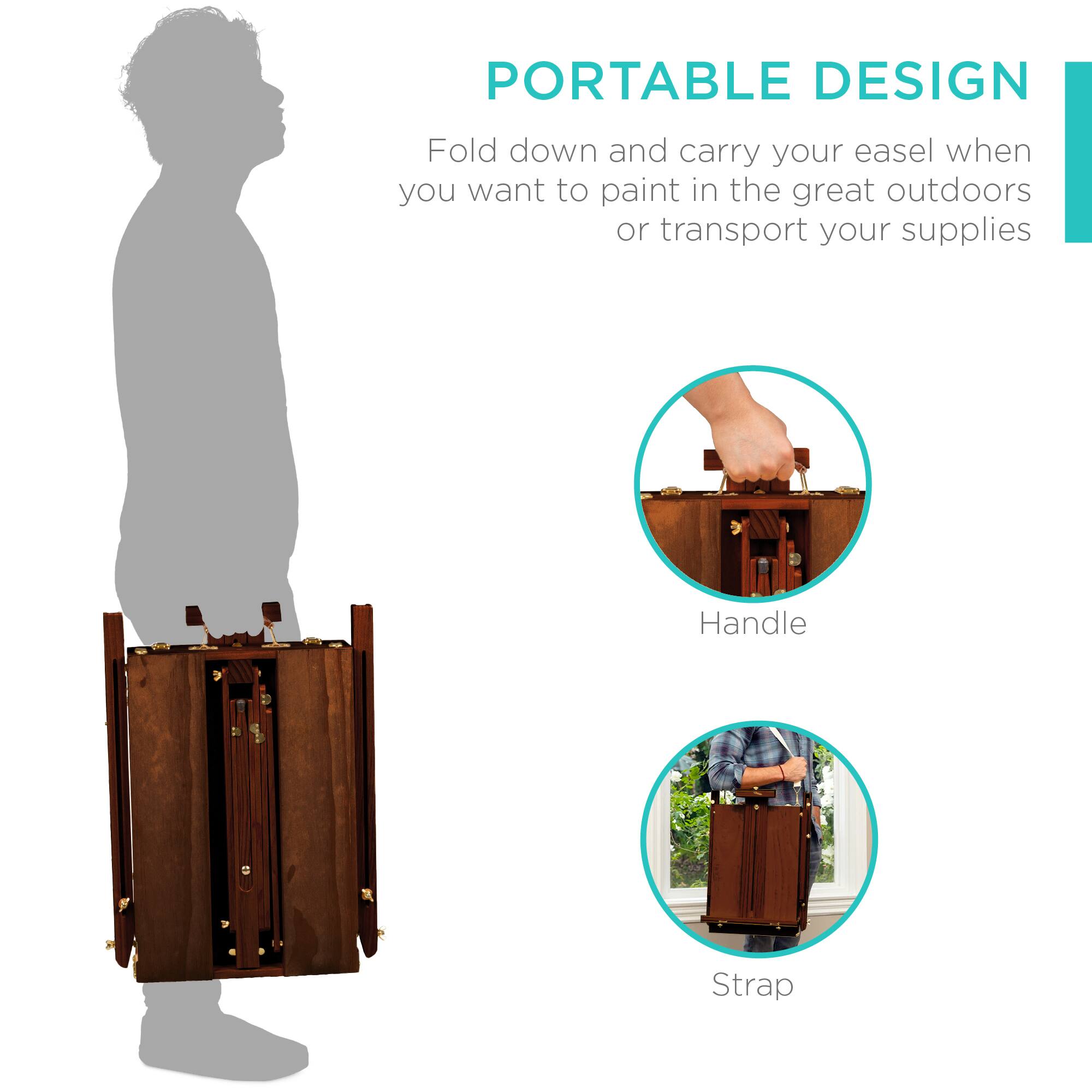 PORTABLE DESIGN  
Fold down and carry your easel when you want to paint in the great outdoors or transport your supplies  

Handle  
Strap
