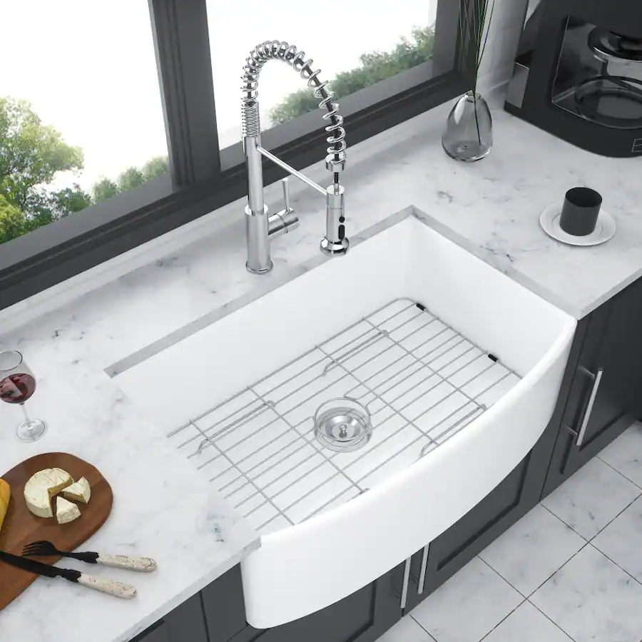 Comp.arch Dim JUJABU 33 x 19 x 10 in. Ceramic Farmhouse Kitchen Sink Arch Edge Apron ...