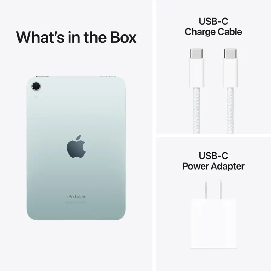 What's in the Box: USB-C Charge Cable, USB-C Power Adapter, iPad mini.
