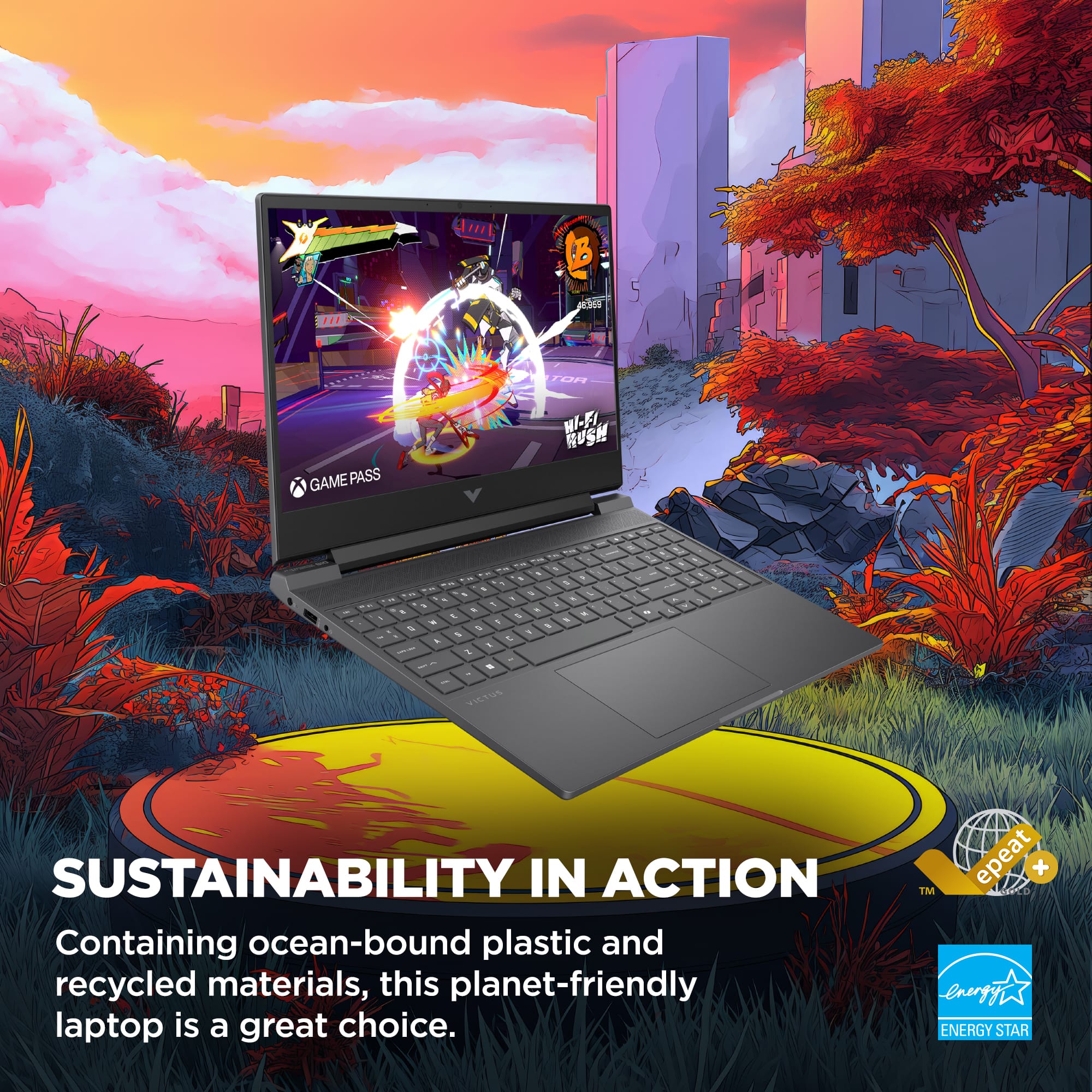 The text on the image reads:
"Sustainability in Action: Containing ocean-bound plastic and recycled materials, this planet-friendly laptop is a great choice. Energy Star certified."