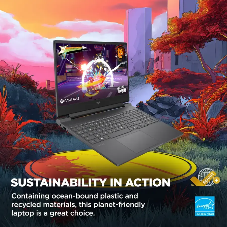 The text on the image reads:

"Sustainability in Action: Containing ocean-bound plastic and recycled materials, this planet-friendly laptop is a great choice. Energy Star certified."