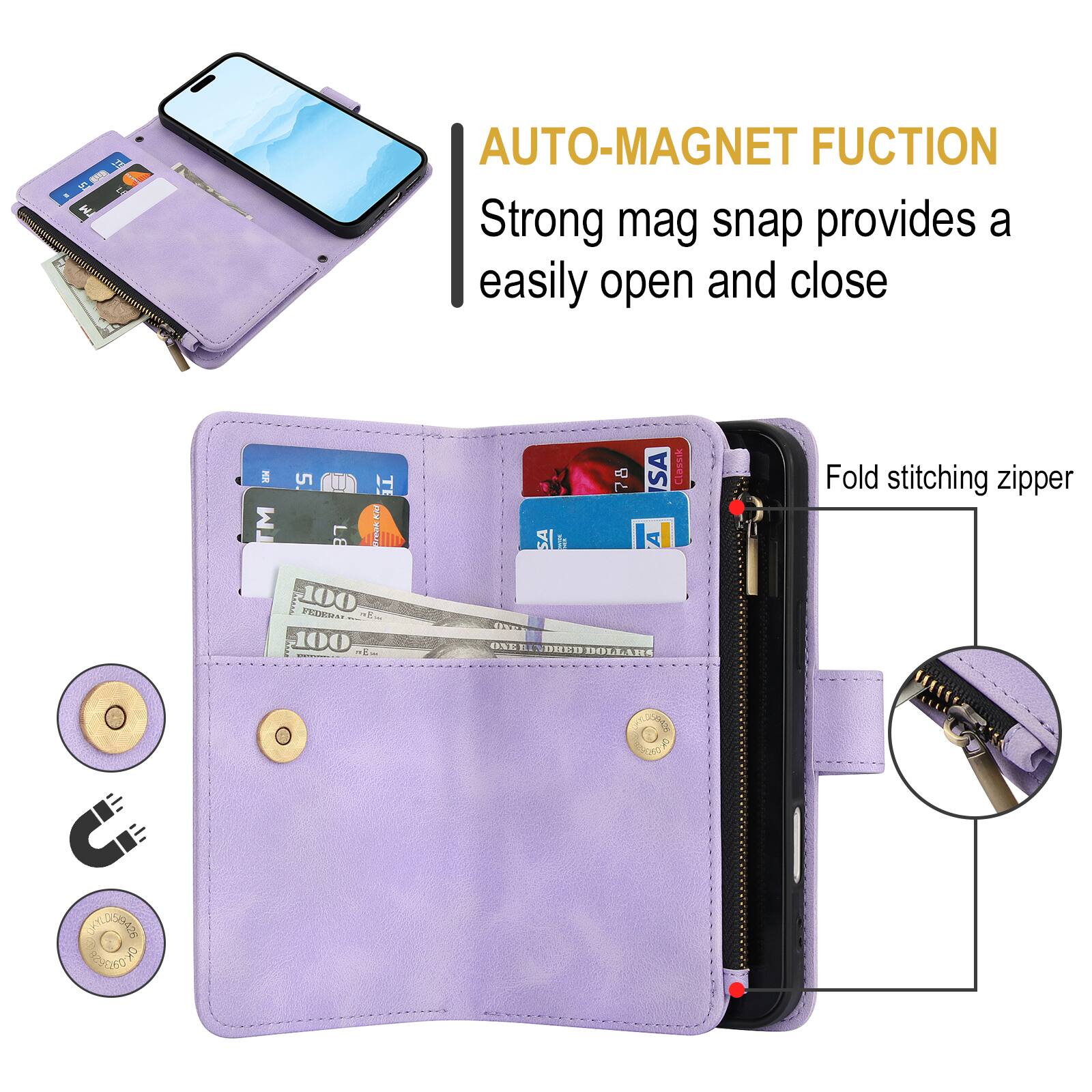 AUTO-MAGNET FUNCTION  
Strong mag snap provides a easily open and close  

Fold stitching zipper