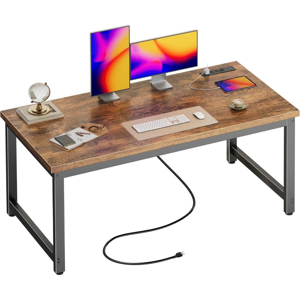 Front. ZUQIETA - ZUQIETA Office Desk with Power Outlets & USB-C - 55"x24" Heavy Duty Metal Frame, Rustic Brown - Rustic Brown.