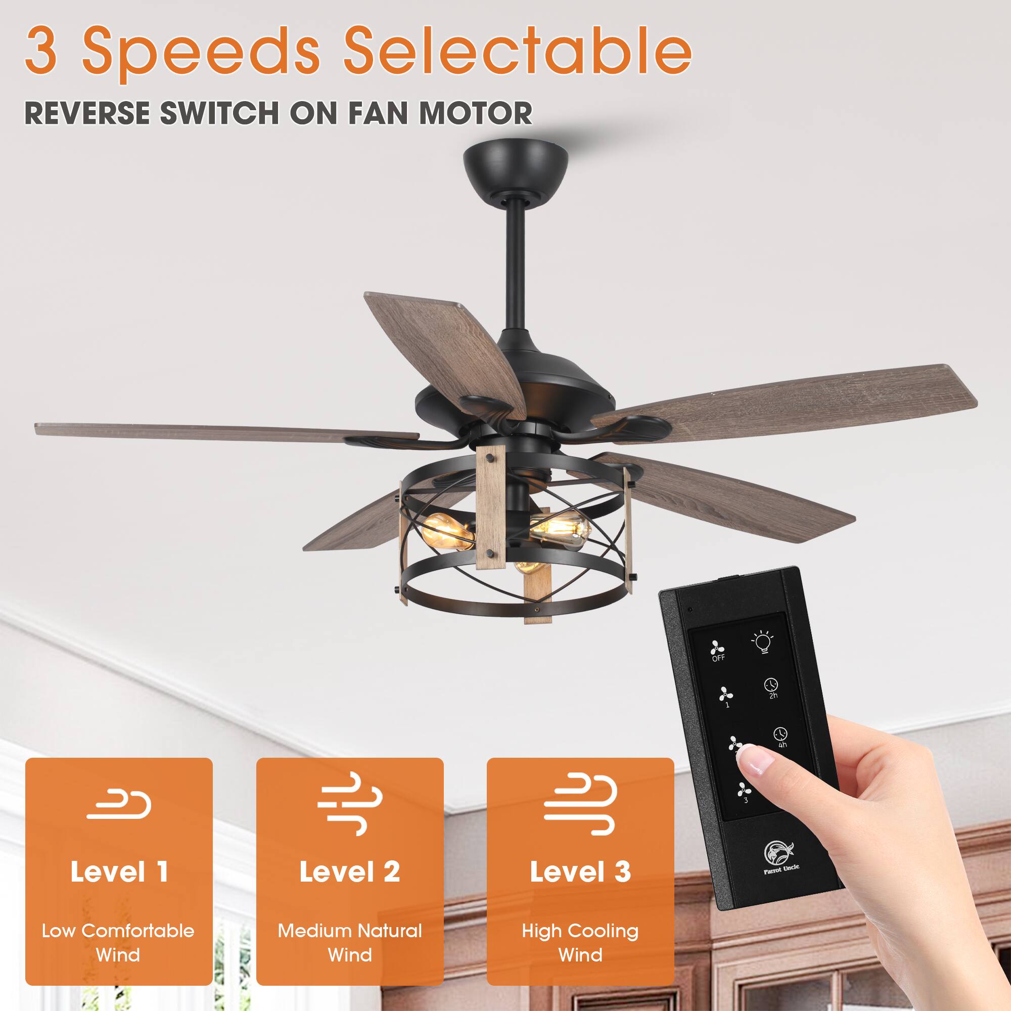 3 Speeds Selectable  
REVERSE SWITCH ON FAN MOTOR  

Level 1  
Low Comfortable Wind  

Level 2  
Medium Natural Wind  

Level 3  
High Cooling Wind