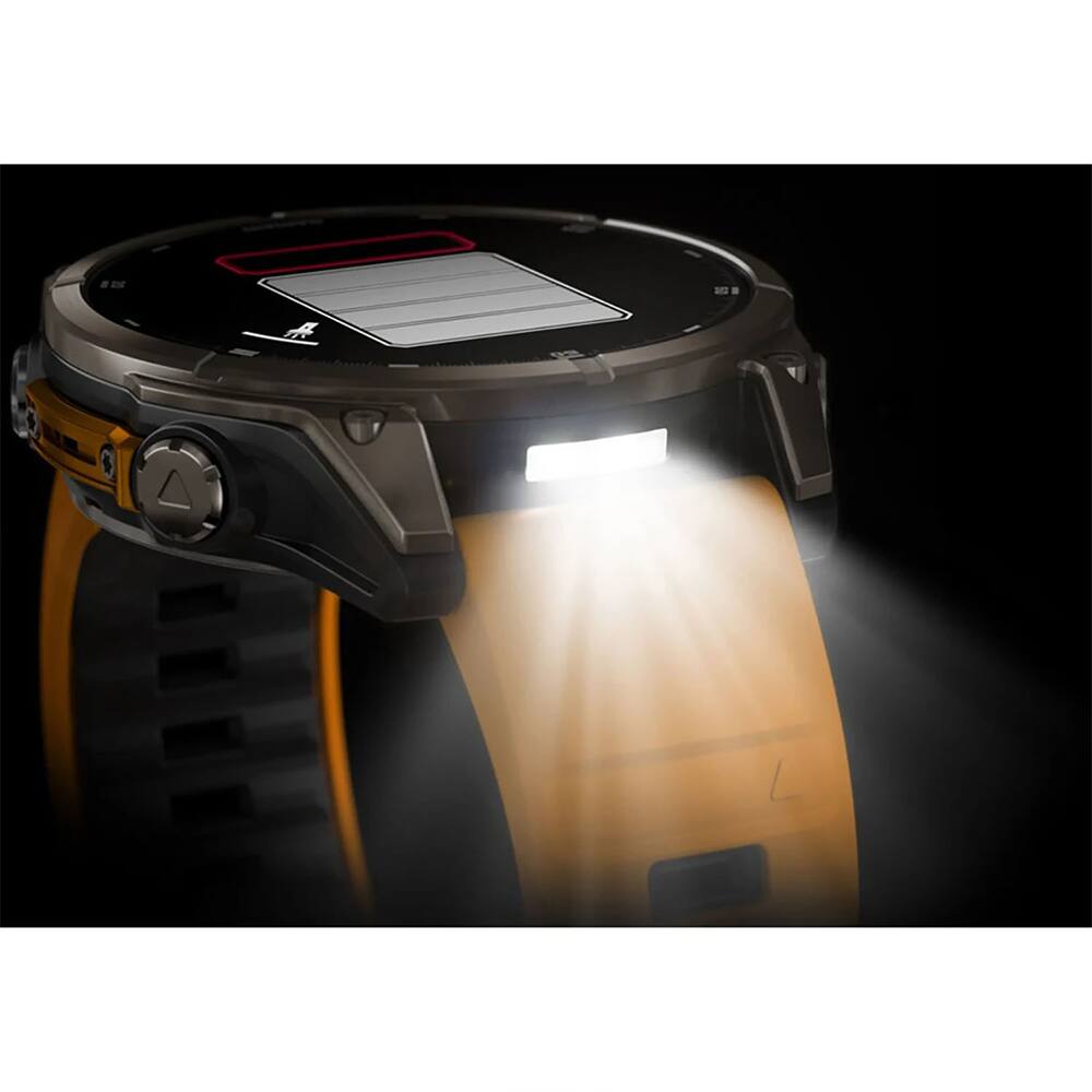 Left. Garmin - fēnix 8 AMOLED Sapphire GPS Smartwatch 47mm Fiber-reinforced polymer + 2-Year Extended Warranty Bundle - Sapphire/Titanium with Spark Orange/Graphite Band.