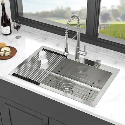 Front. Siljoy - 33 x 22 x 10 inch Kitchen Sink Drop-In 16 Gauge Stainless Steel Single Bowl Topmount Kitchen Sink - Brushed Nickel.