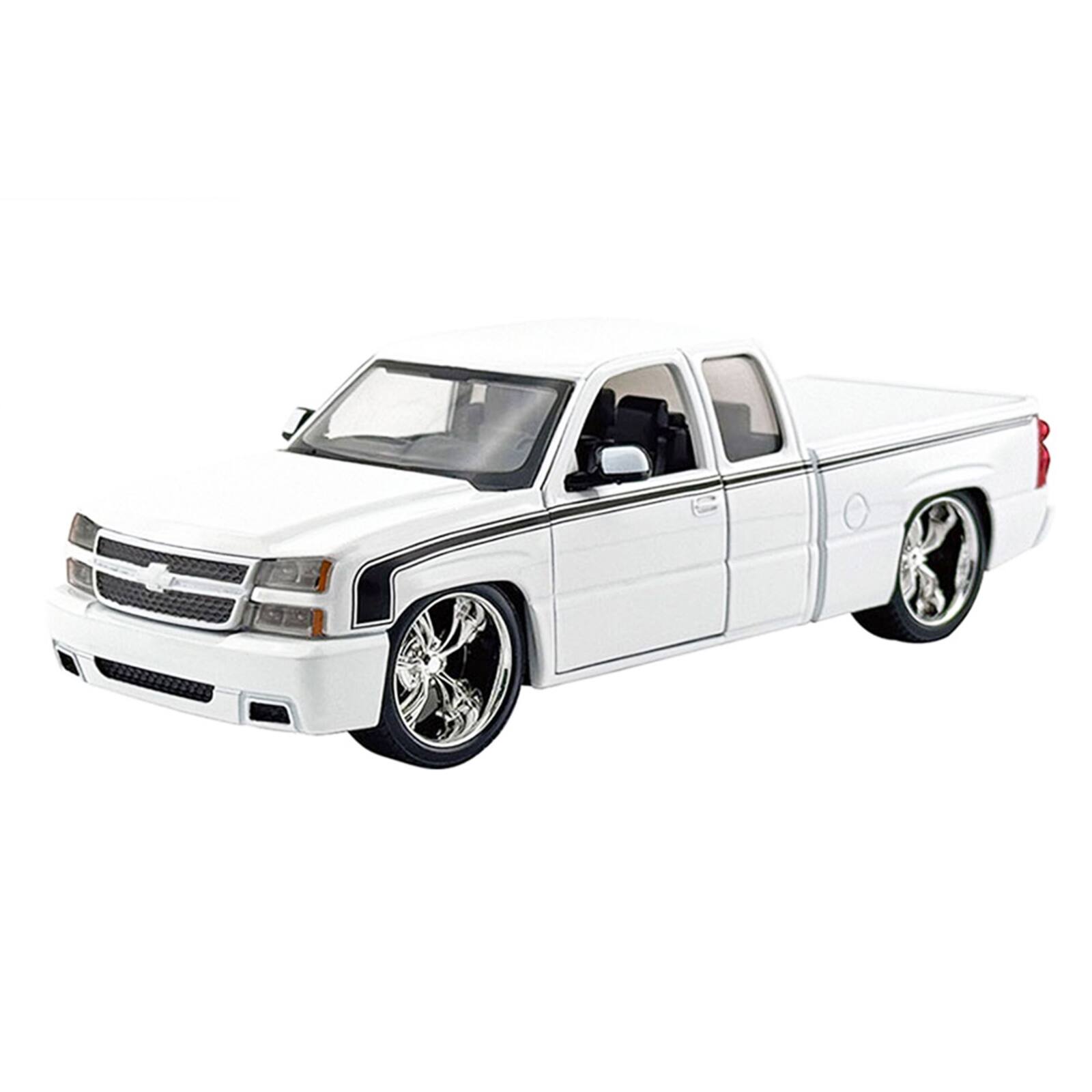 Alt View 1. Motormax - 2006 Chevrolet Silverado Custom Pickup Truck White with Black Stripes "Die-Cast Collection" Series 1/25 Car by Motormax.