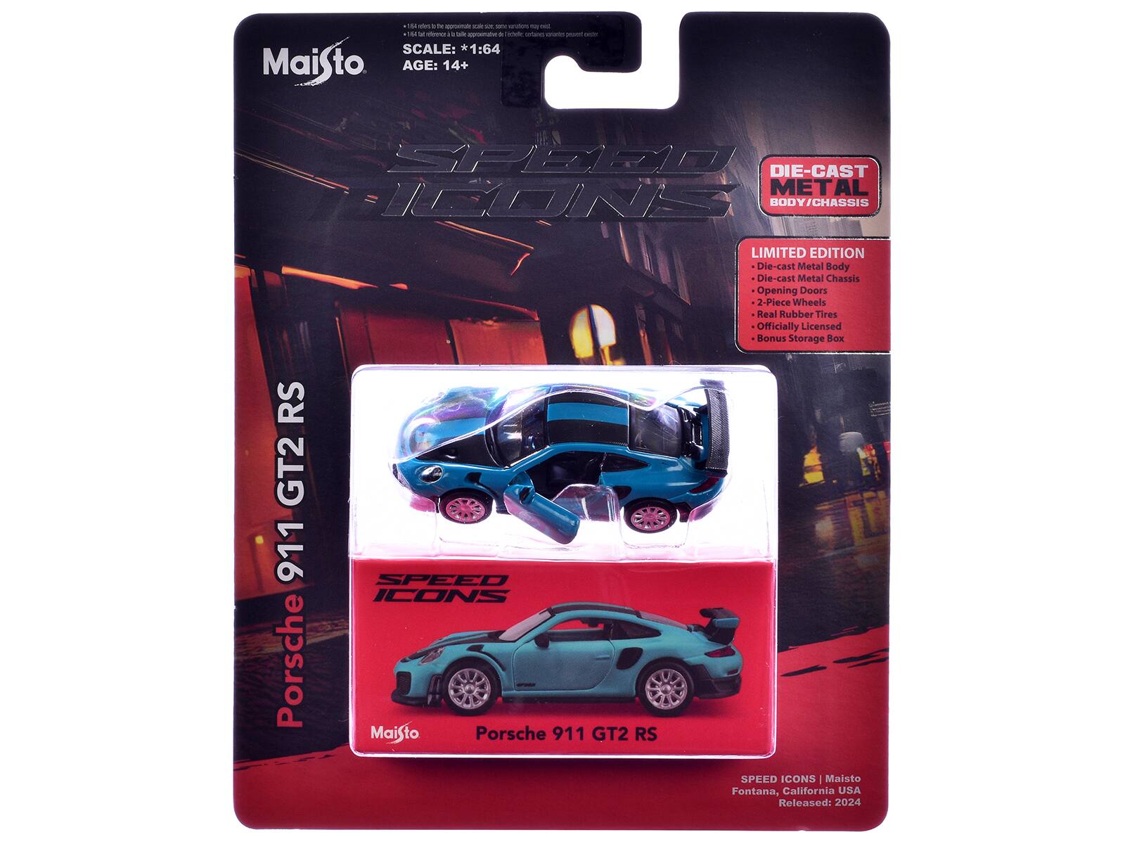 Porsche 911 GT2 RS Stripes "Speed Icons" Series 1/64 Diecast Model Car by Maisto - Blue with Carbon