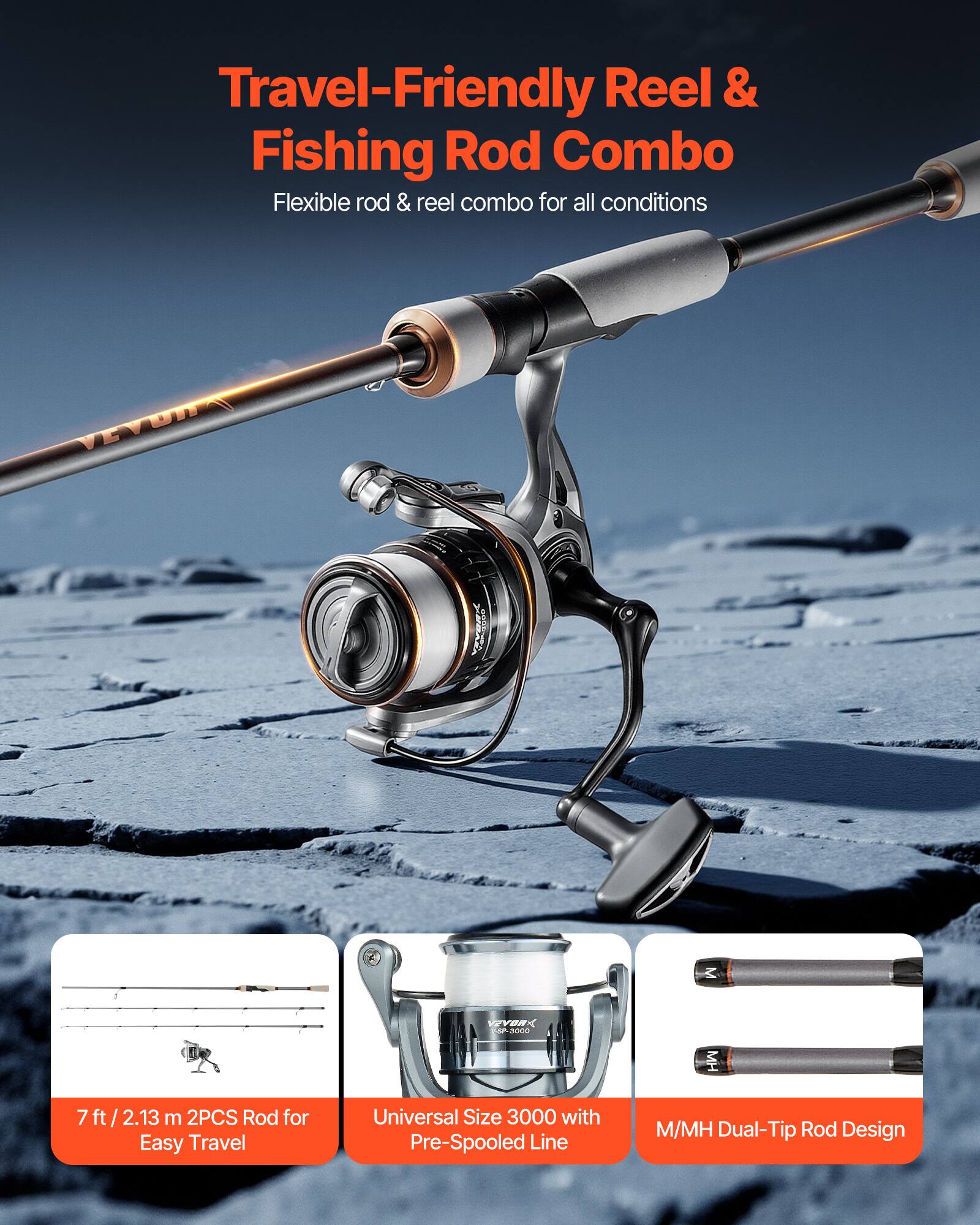 Travel-Friendly Reel & Fishing Rod Combo  
Flexible rod & reel combo for all conditions  

- 7 ft / 2.13 m 2PCS Rod for Easy Travel  
- Universal Size 3000 with Pre-Spooled Line  
- M/MH Dual-Tip Rod Design