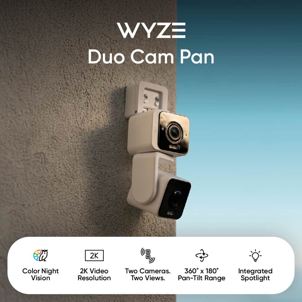 WYZE Duo Cam Pan
2K Color Night Vision
2K Video Resolution
Two Cameras, Two Views
360° x 180° Pan-Tilt Range
Integrated Spotlight