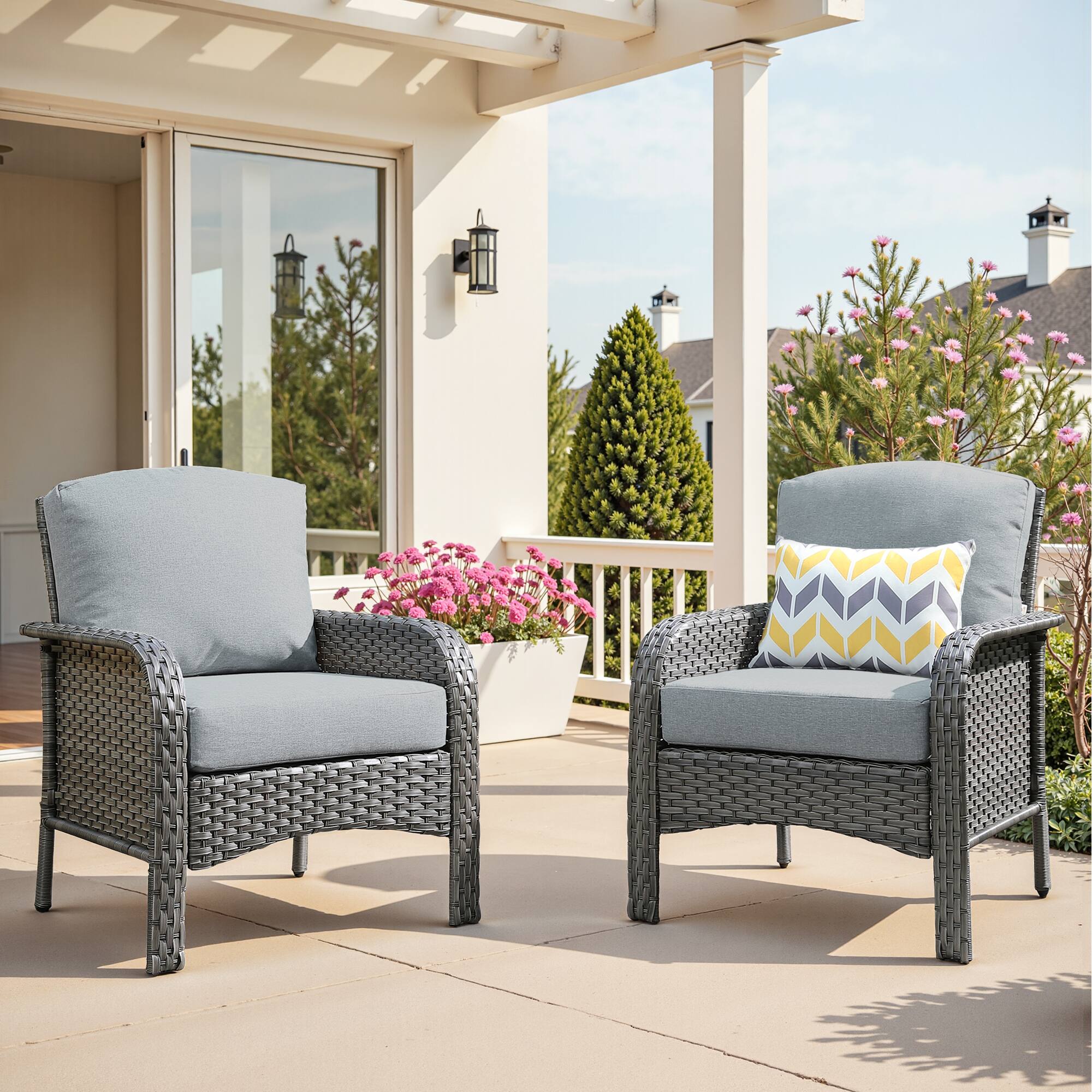 Ovios - 2 PCS Patio Furniture, Single High Back Chair, Rattan Outdoor Armchair with Cushion - Dark Gray