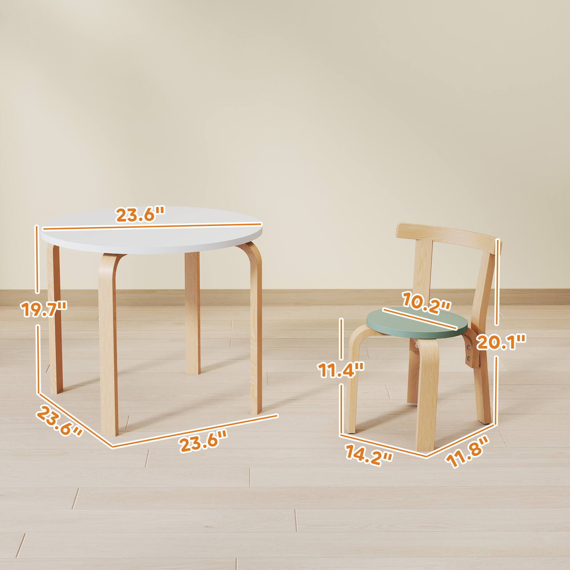 23.6" (diameter)  
19.7" (height)  

10.2" (seat diameter)  
20.1" (height)  
11.4" (seat depth)  
14.2" (seat width)  
11.8" (seat height)