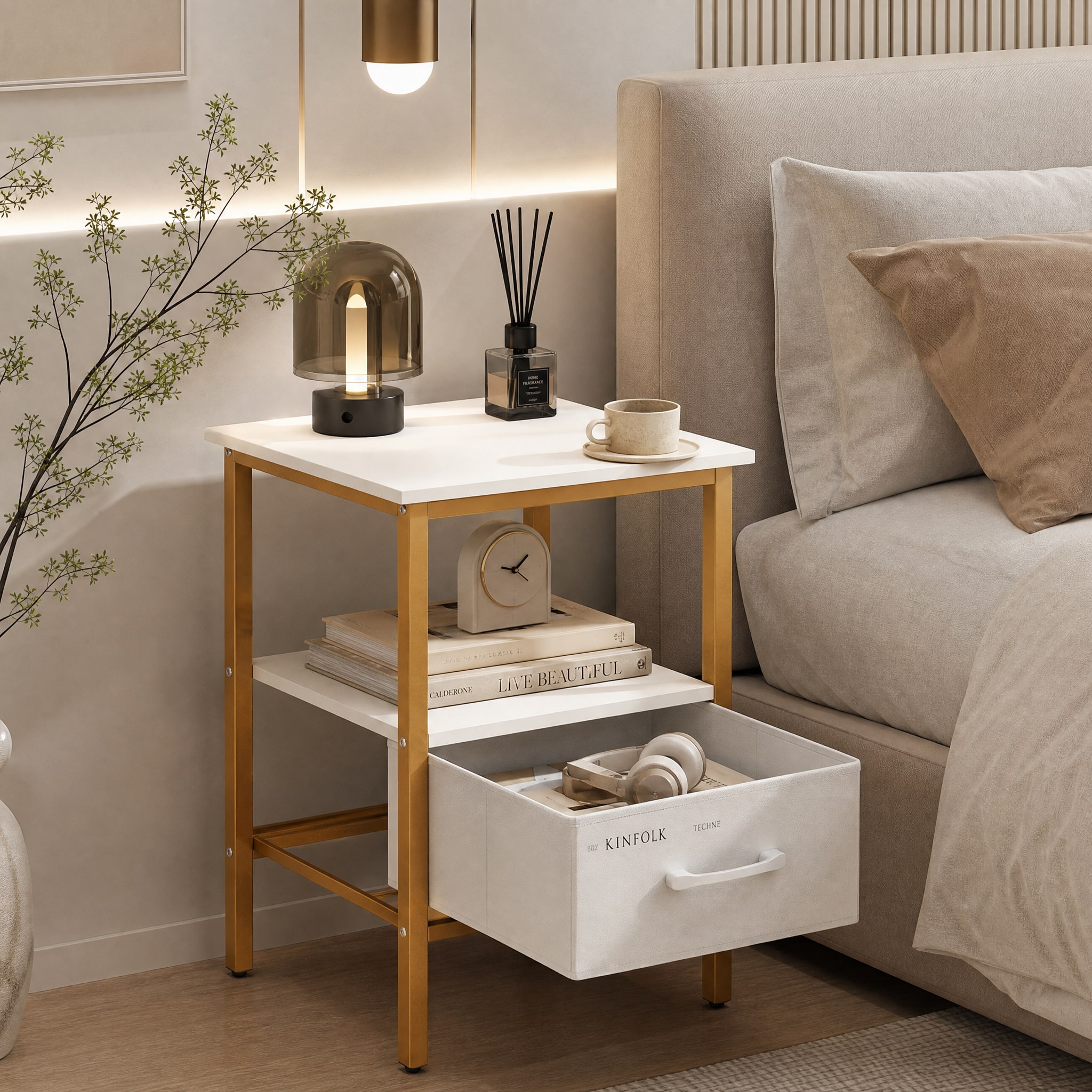 WELLFOR - Nightstand with Charging Station and Adjustable Fabric Drawer for Bedroom & Living Room - White and Gold