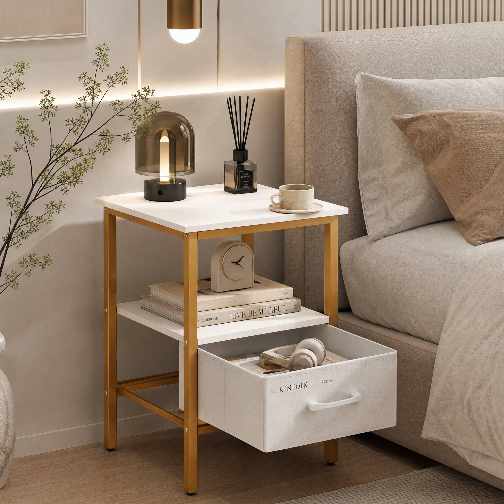 WELLFOR - Nightstand with Charging Station and Adjustable Fabric Drawer for Bedroom & Living Room - White and Gold