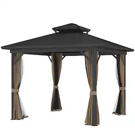 Outsunny - x 10' Hardtop Gazebo with Aluminum Frame, Metal Roof Gazebo Canopy w/ Hook, Curtains included - Brown