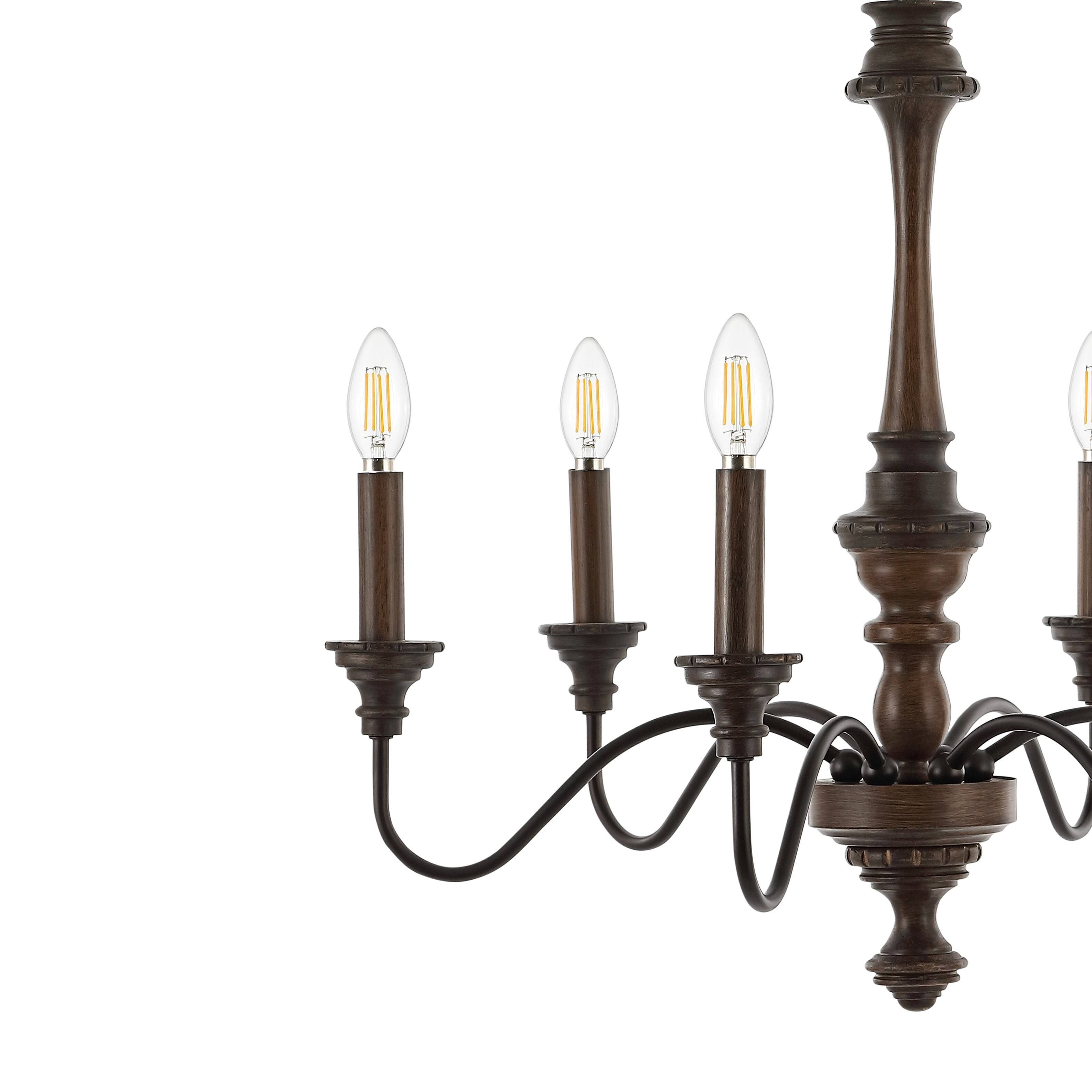 Alt View 4. Jonathan Y - Oakley 25" 6-Light Midcentury Farmhouse Iron LED Chandelier, Wood Finished/Oil Rubbed Bronze - Light Brown/Oil Rubbed Bronze.