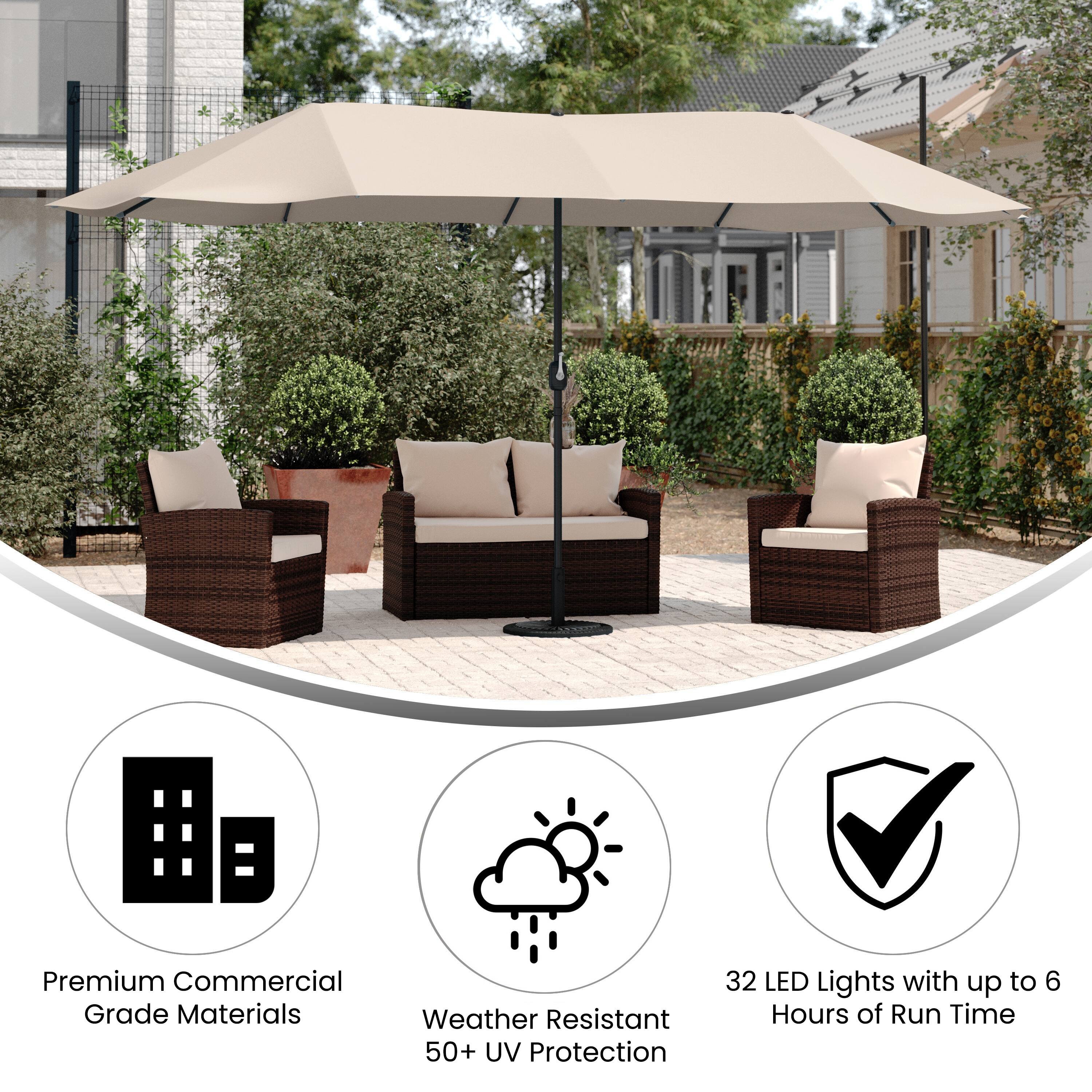 Premium Commercial Grade Materials  
Weather Resistant 50+ UV Protection  
32 LED Lights with up to 6 Hours of Run Time