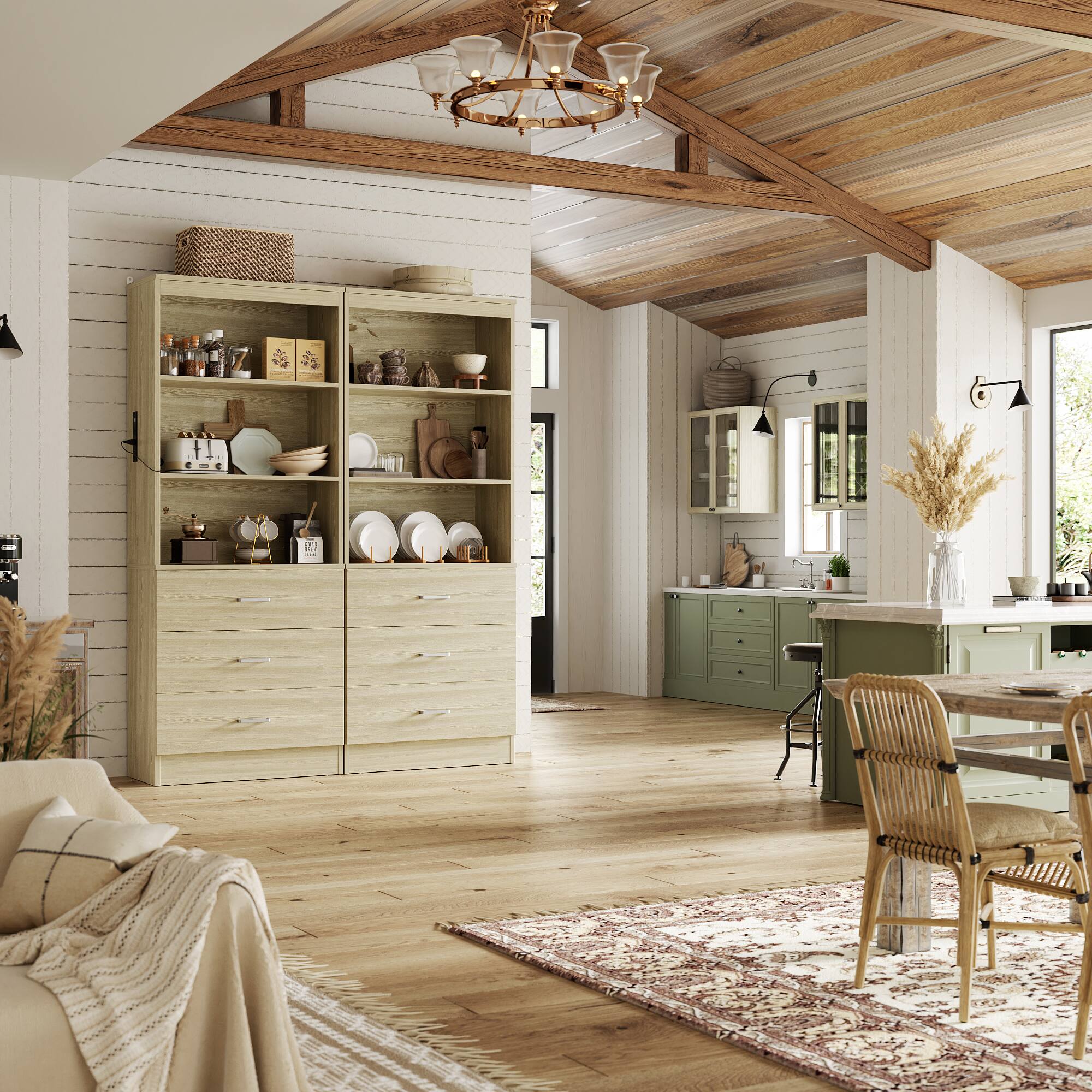 Alt View 1. Aheaplus - 71-Inch Wooden Bookshelf with USB Charging, 3 Drawers & Open Shelves for Living Room & Home Office - White Oak.