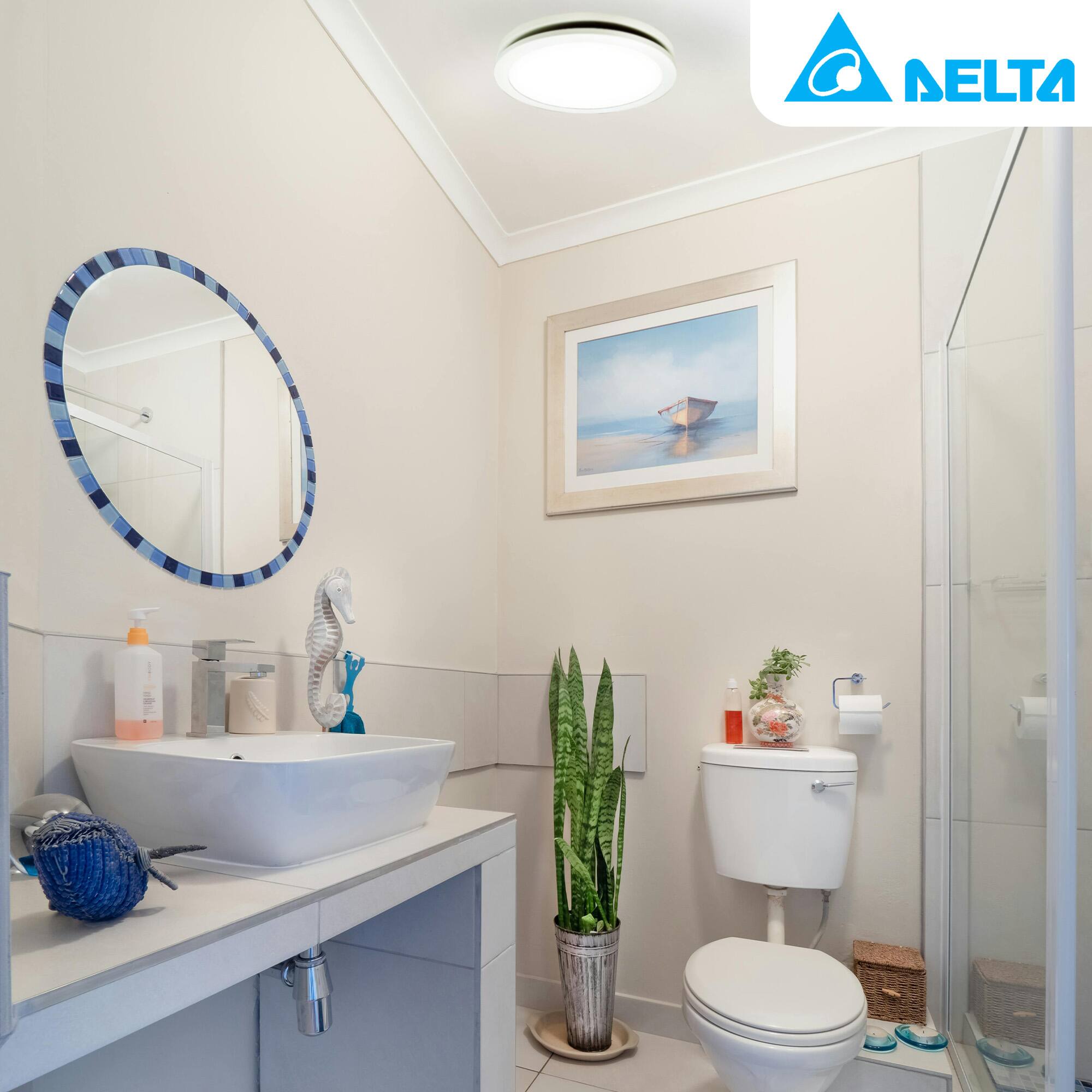 Alt View 2. Delta Breez - Delta Breez Integrity 100 CFM Exhaust Fan, LED Edge-Lit Flat Round Panel, White - White.