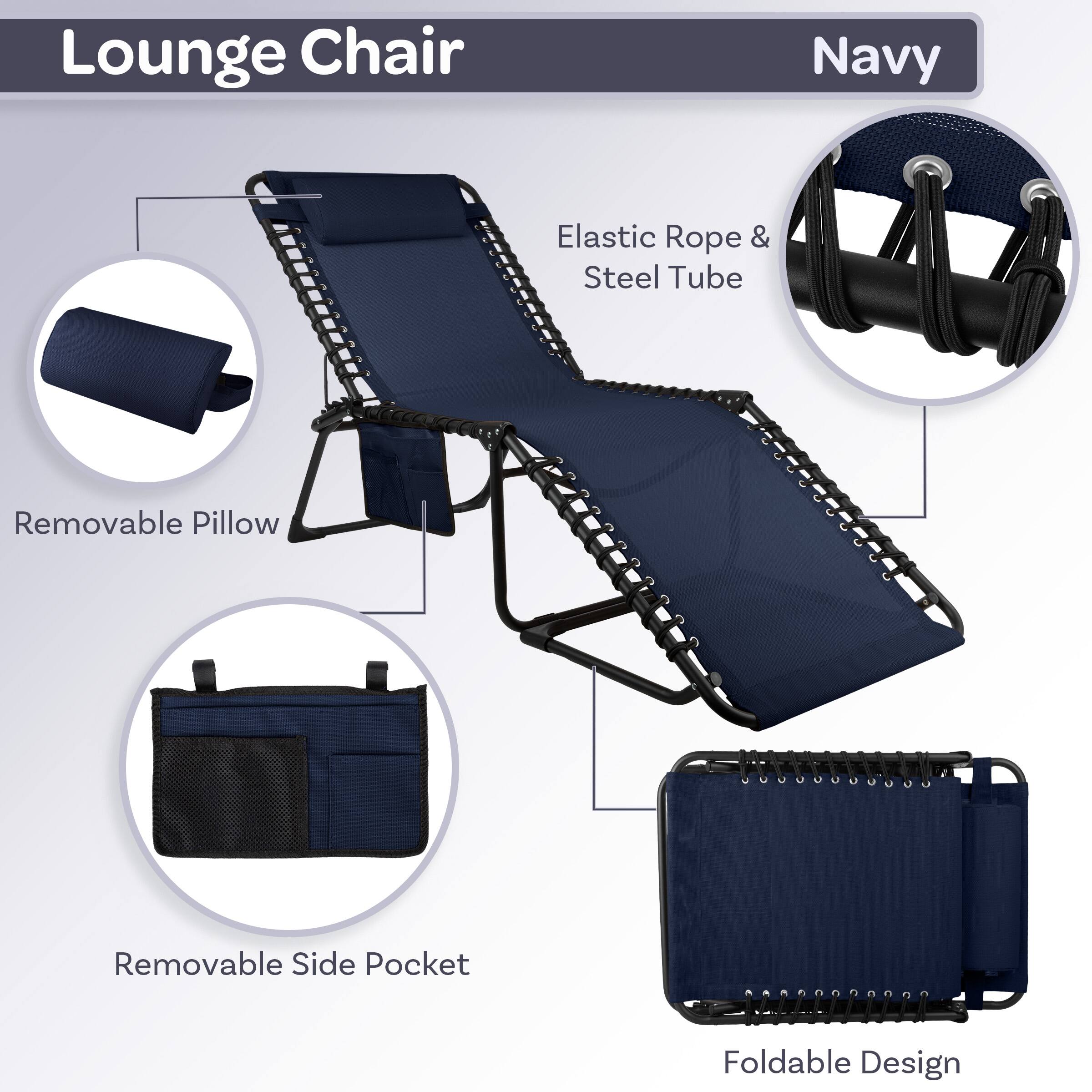 Lounge Chair  
Navy  

- Elastic Rope & Steel Tube  
- Removable Pillow  
- Removable Side Pocket  
- Foldable Design
