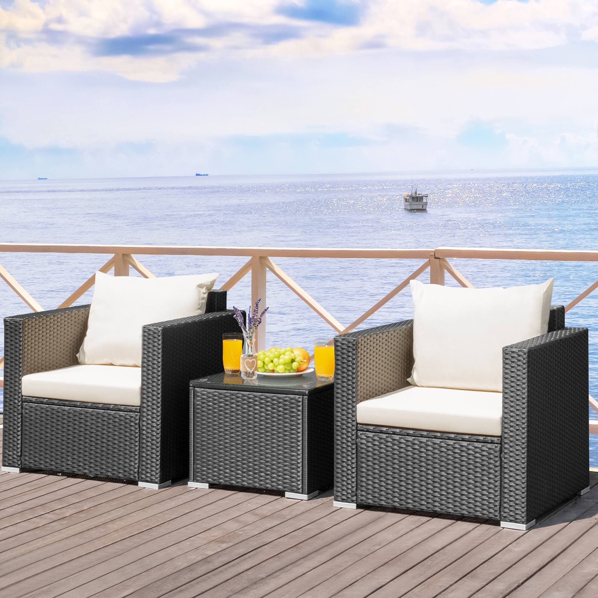 Alt View 3. Gymax - Gymax 3PCS Rattan Patio Conversation Furniture Set Outdoor Sofa Set w/ Cushions - Black.