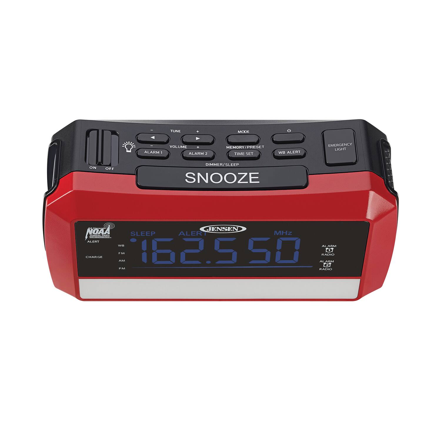 4 ALARM - TUNE VOLUME ALARM 2 MEMORY/PRESET TIME SET EMERGENCY LIGHT ON OFF DIMMER/S SNOOZE JENSEN NOAA SLEEP ALARM MHz 162.551 50 CHARGE