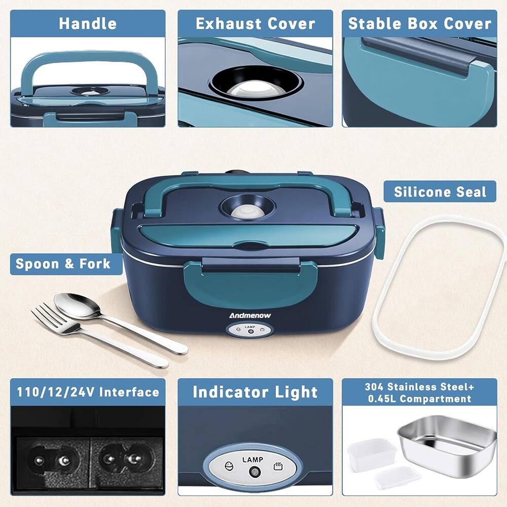 - Handle
- Exhaust Cover
- Stable Box Cover
- Spoon & Fork
- Silicone Seal
- 110/12/24V Interface
- Indicator Light
- 304 Stainless Steel+ 0.45L Compartment